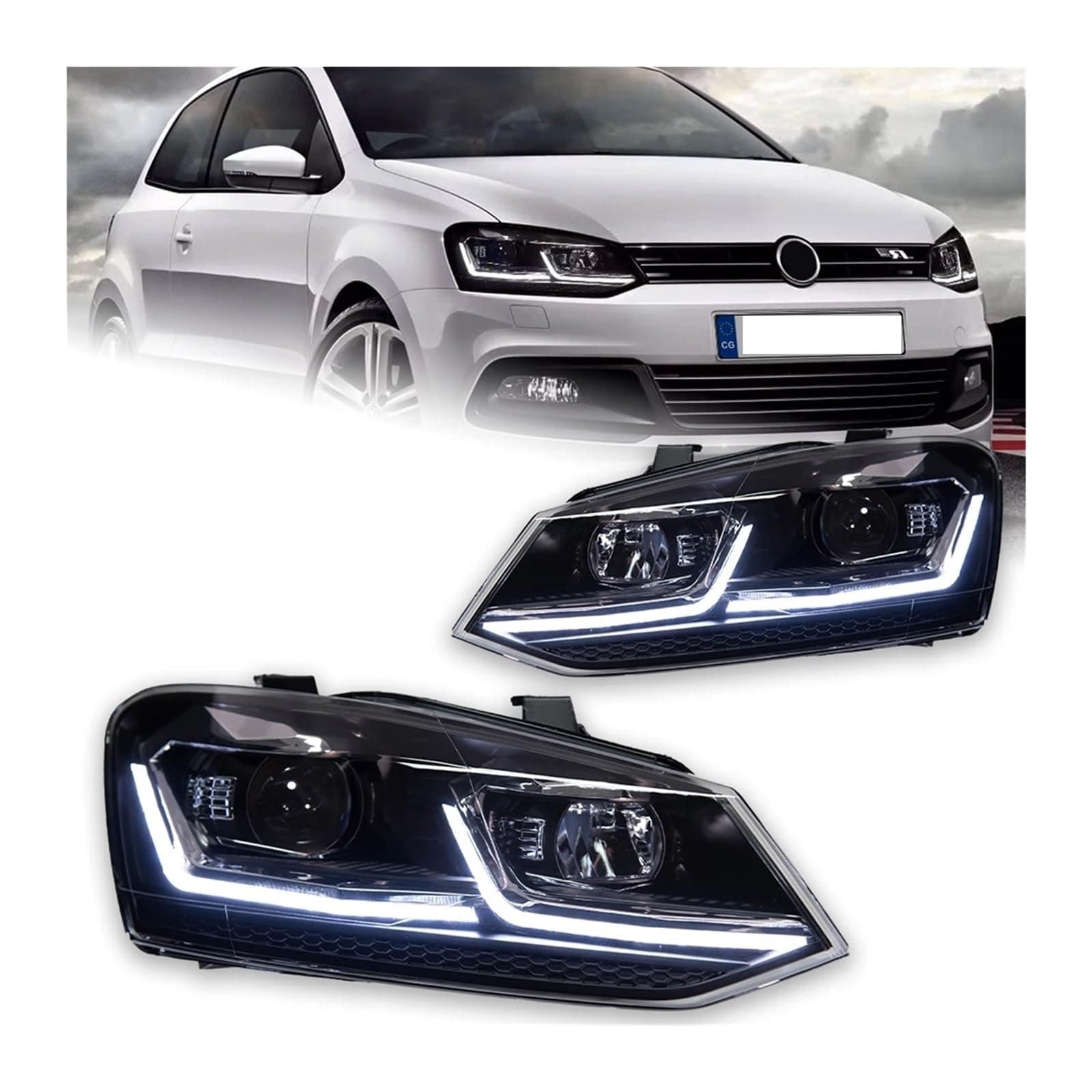 Car Lights Head Lamp Compatible For VW Polo LED Headlight Projector Lens 2011-2017 DRL Hid Head Lamp Bi Xenon Beam Accessories(Red Line)