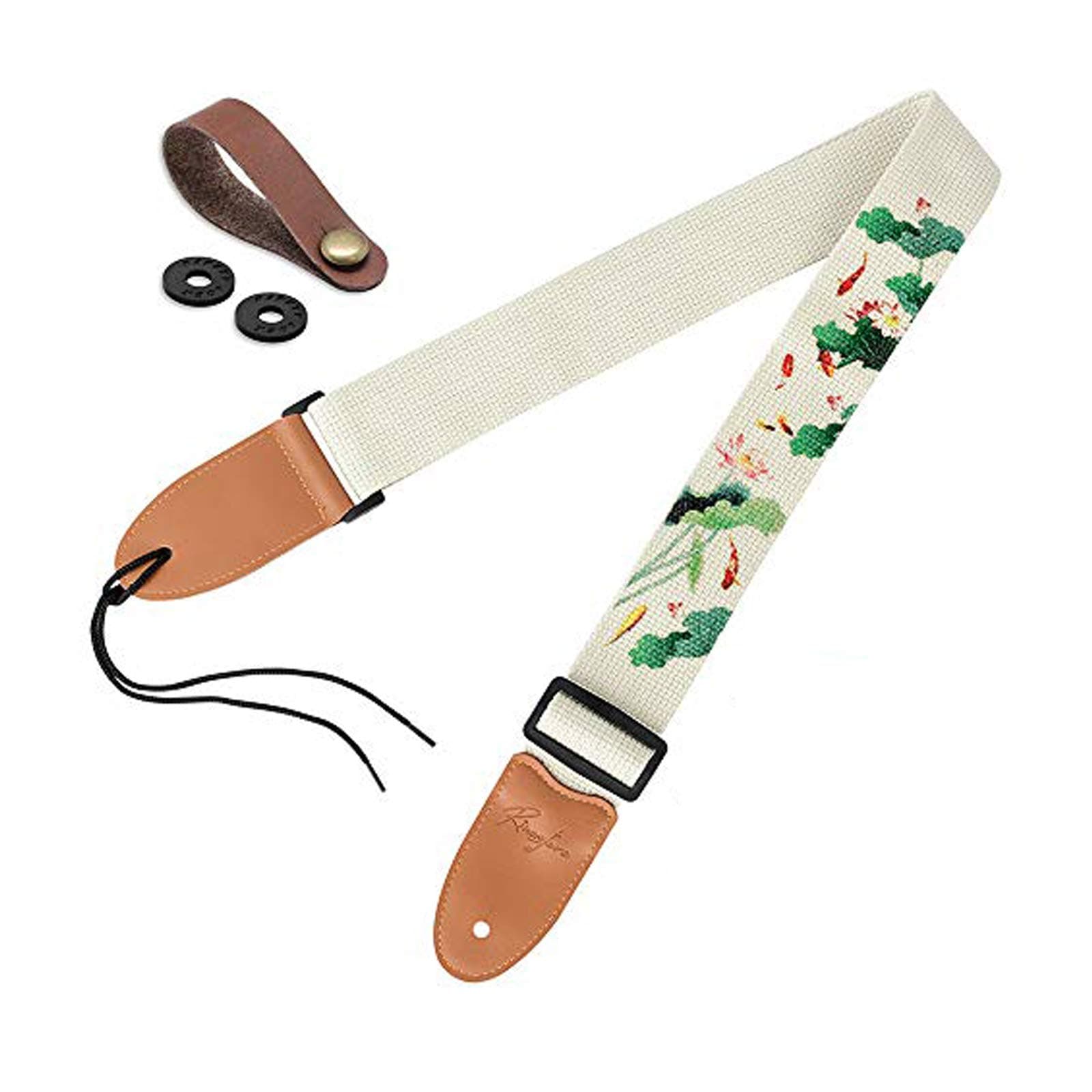 Acoustic Guitar Strap, Embroidered Shoulder Straps with Real Leather Ends for Electric & Bass Guitars with Button & 2 Locks