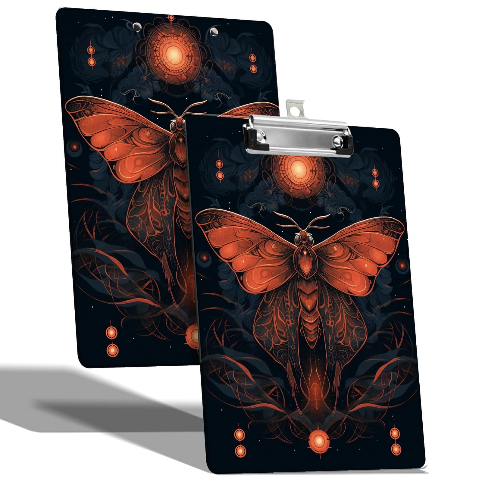 A4 Size Clipboard with Hanging Hook and Low Profile Clip, Plastic Nurse Clipboard Writing Drawing Board with Double-Side Fantasy Moth Print for Woman Kids Office School Use
