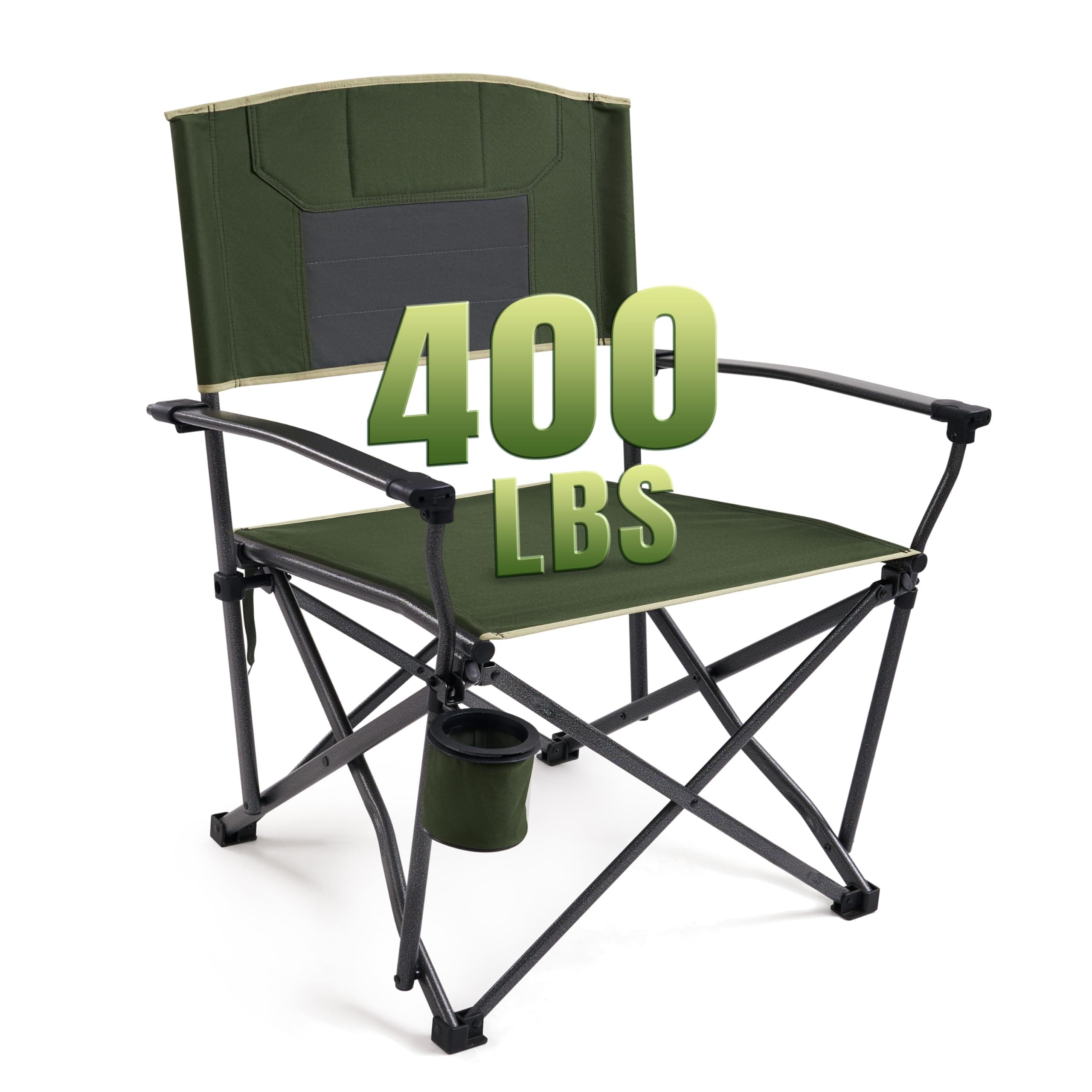 Oversized Folding Camping Chairs for Adults Heavy Duty Camp Chair Support 400 LBS Steel Frame Metal Arm Lawn Chairs with Swivel Cup Holder & Hollow Backrest Extra Large Outdoor Chairs Green