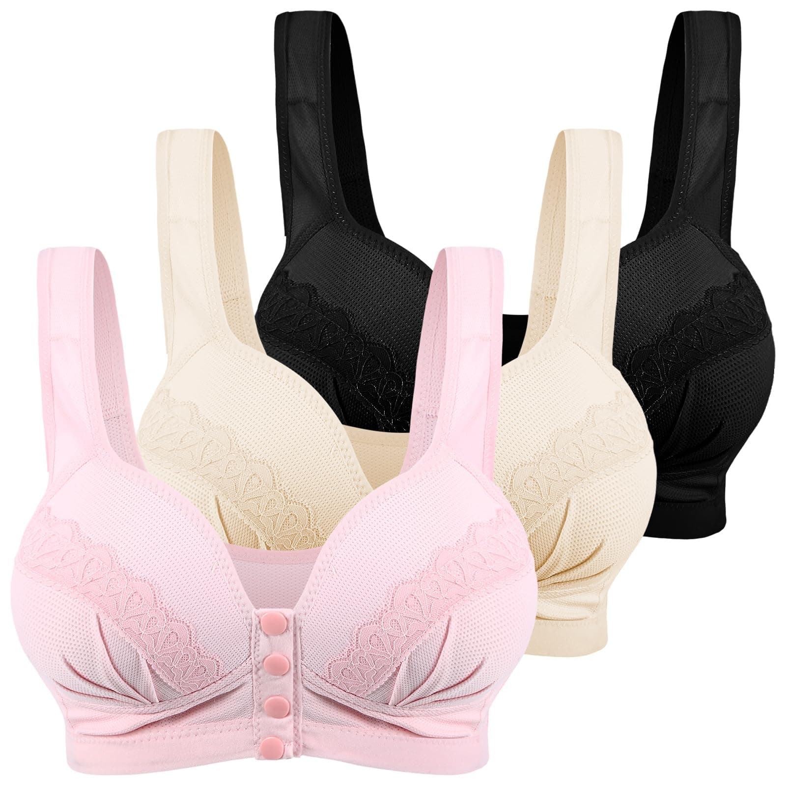 Cotwinter3 Pcs Snap Front Bra for Older Women Front Closure Wire Free, Buy One Size Larger