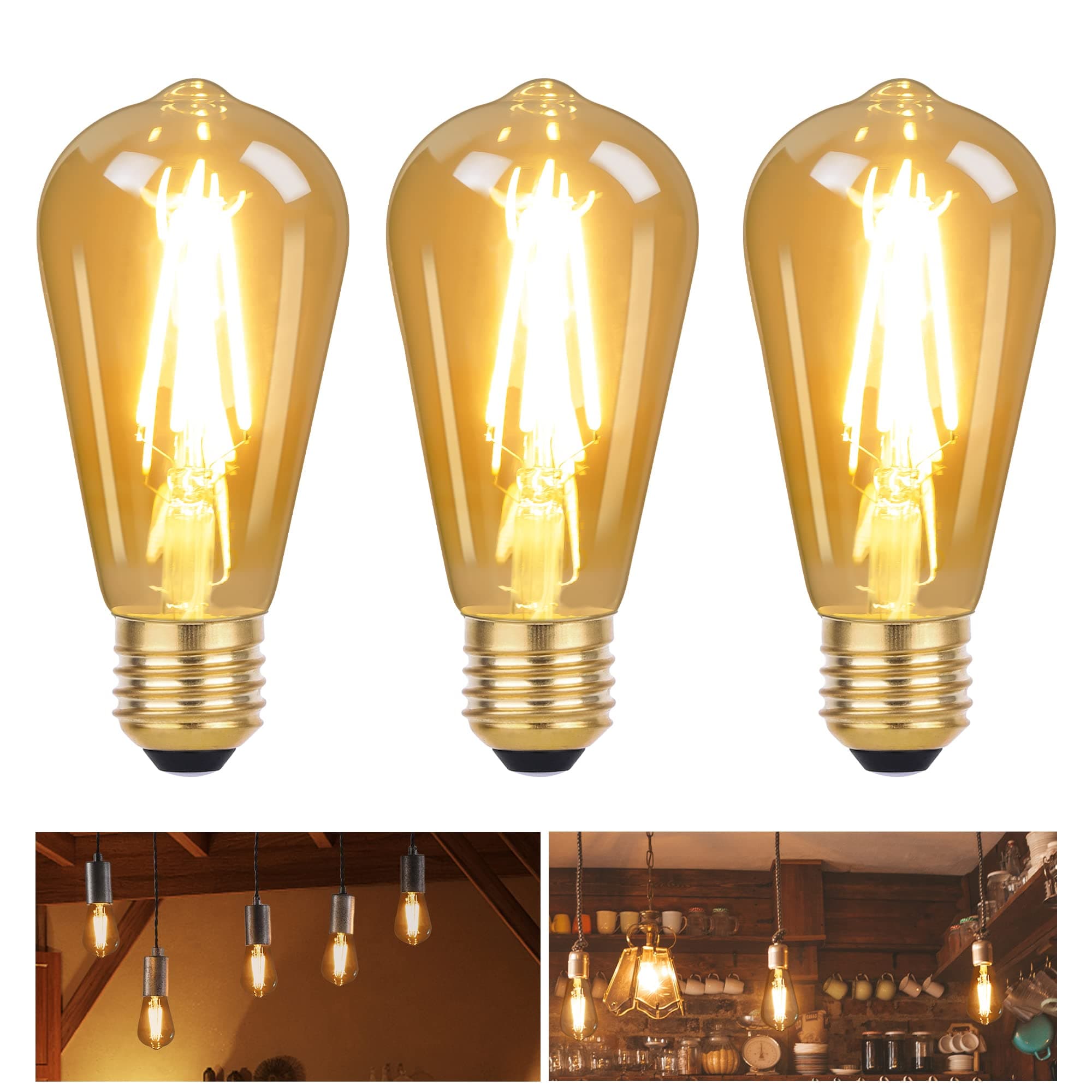 Dimmable E27 LED Vintage Light Bulbs 6W 600lm, ST64 Edison Screw Bulb Decorative LED Filament GLS Bulbs Amber Glass Warm White Lighting 2700K 3-Pack