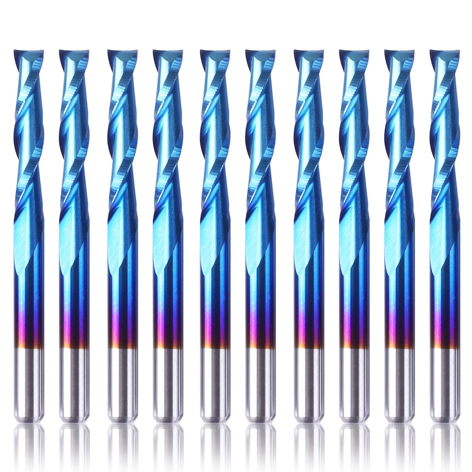 SainSmart Genmitsu 10Pcs Nano Blue Coat Flat Nose End Mill CNC Router Bits, 1/8" Shank Spiral Upcut 2 Flute End Mill Set (3.175 x 17 x 38mm)