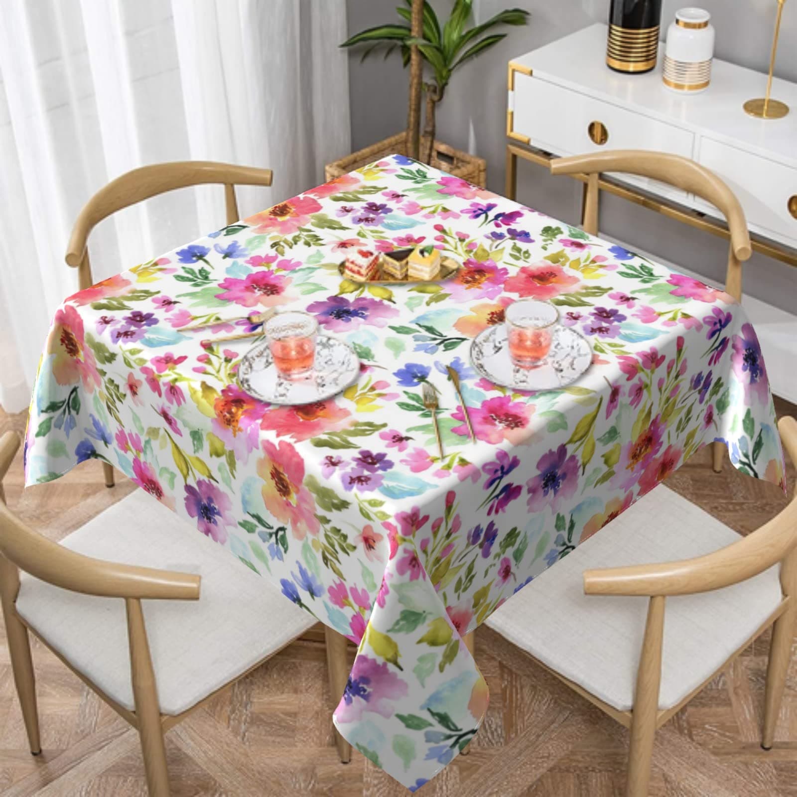 Square Tablecloth 52×52 Inch Spring Table Cloth Small Floral Cloth Tablecloths Indoor Outdoor Washable Wrinkle Free Stain Resistant Waterproof Fabric Table Cover for Square Tables Kitchen Dining Room