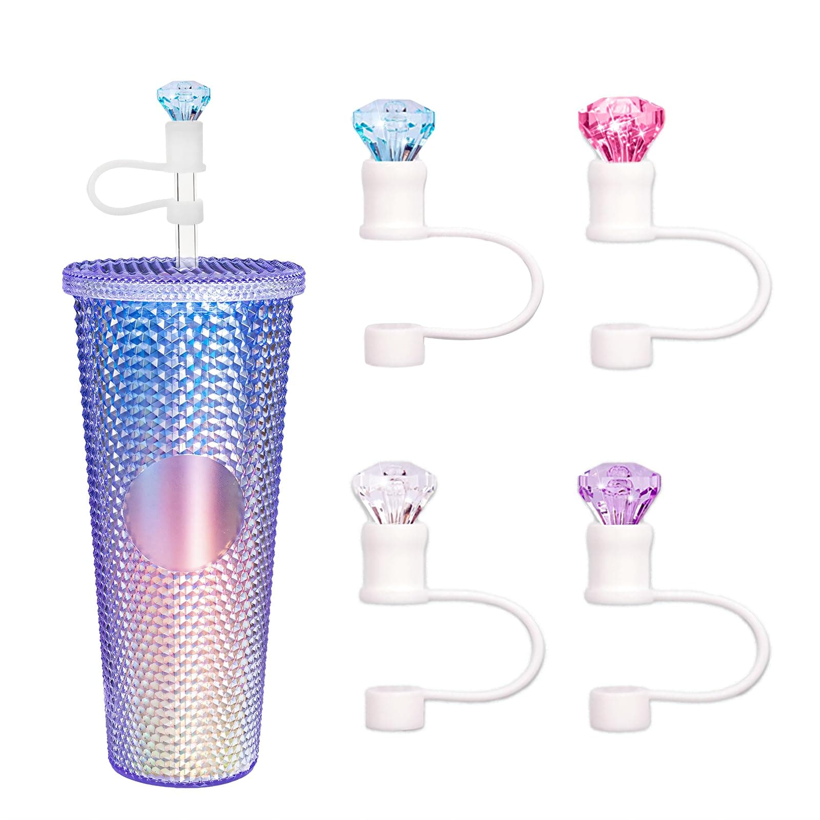 4 Pack Straw Cover Compatible with Starbucks Cup, 7-8MM Diamond Shape Reusable Silicone Straw Topper Cap, Protector Lid with Cute Colorful Accessories