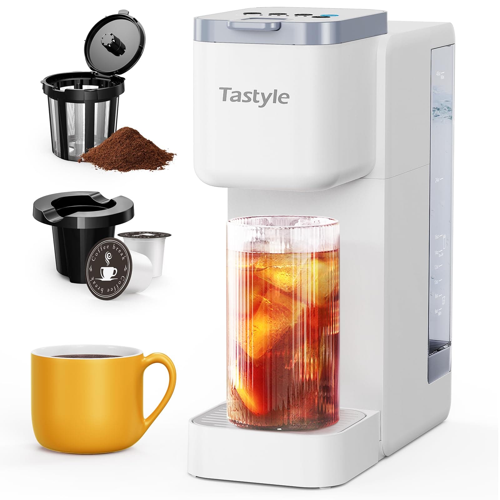Tastyle - Single serve hot and iced coffee maker with strong beer, 40 oz removable reservoir, 6 brew sizes, compatible with K Cup and grounds, compact for home, office