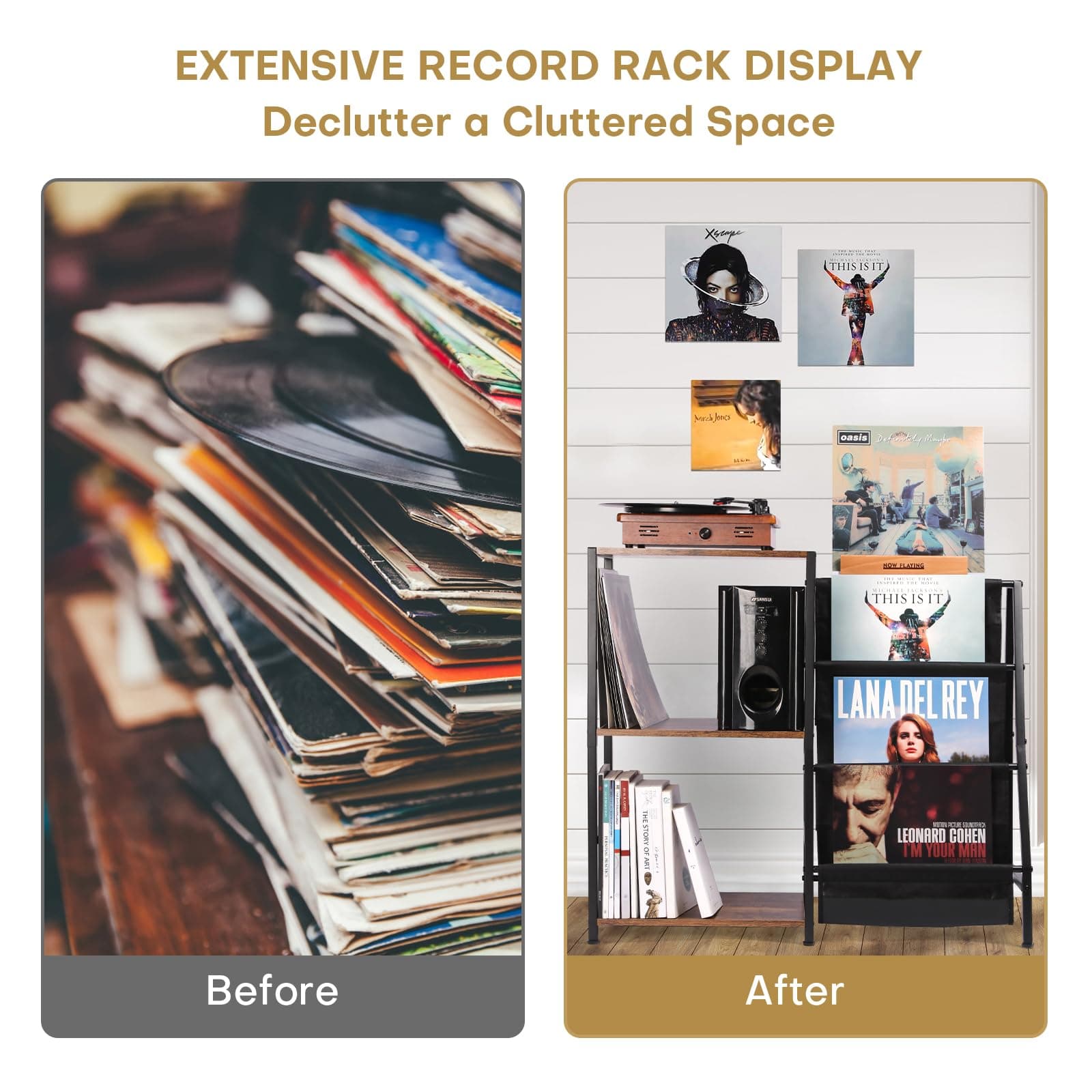 Record Player Stand, 3-Tier Vinyl Record Storage, Turntable Stand with Now Playing Holder, Vinyl Display for Living Room, Rustic Brown