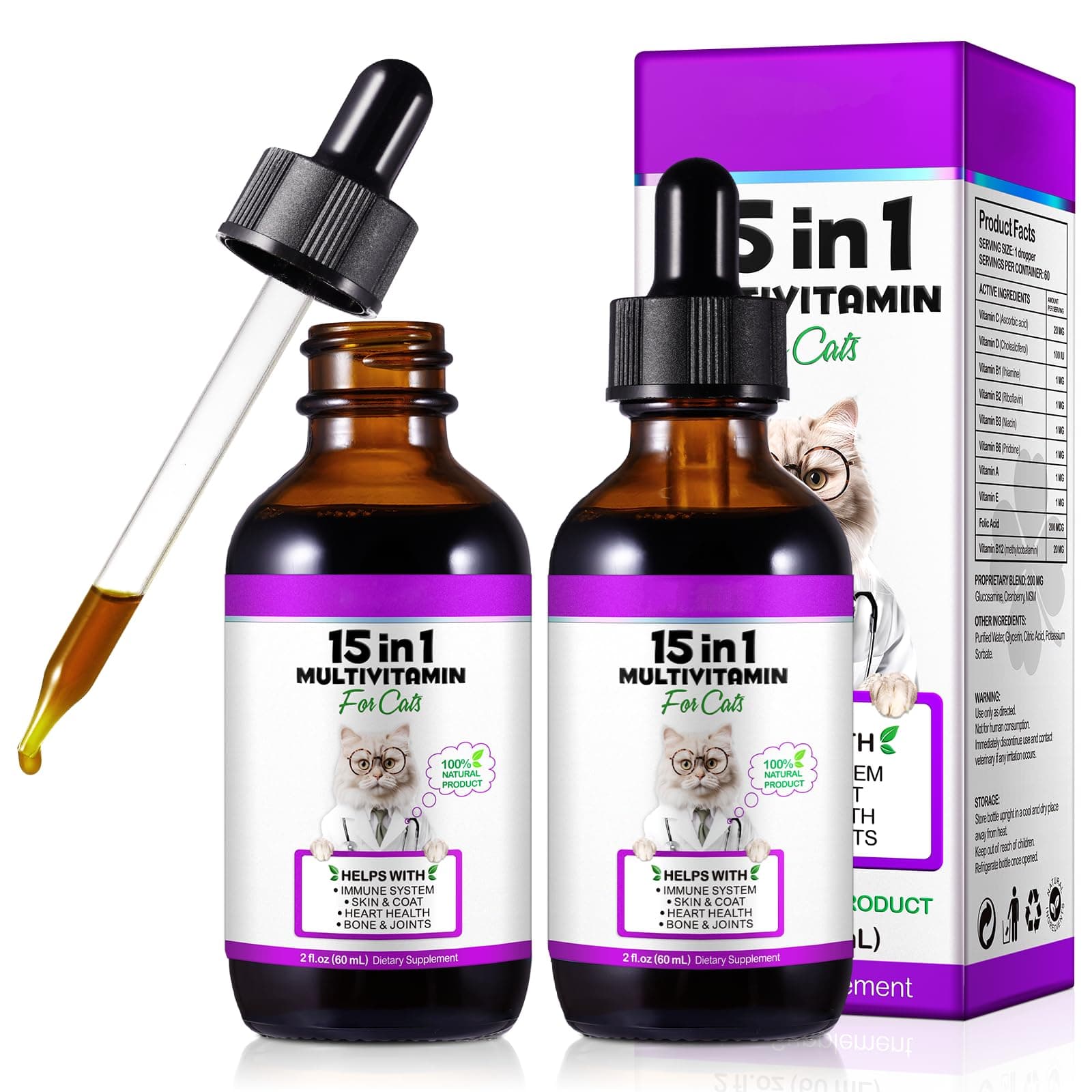 2PCS Liquid Multivitamin for Cat, 15 in 1 Cats Multivitamin Liquid Drops Supplements for Skin & Coat, Heart Health, Bones and Joint, Cat Vitamins with Glucosamine and MSM, Immune System Support