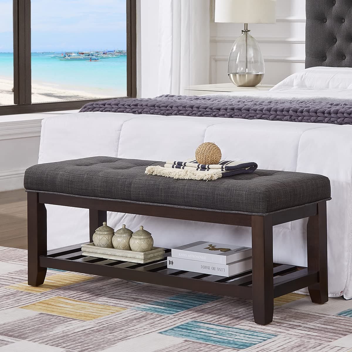 Large Rectangular Upholstered Tufted Linen Ottoman Bench, Padded Bench with Solid Wood Shelf-Dark Gray