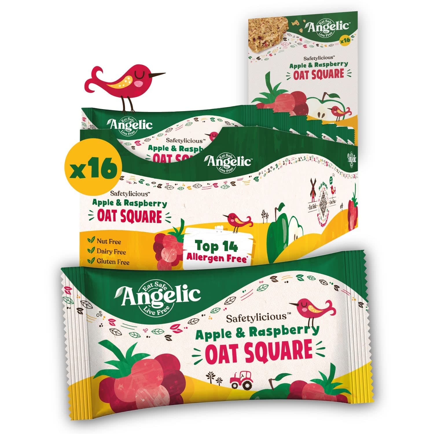 16 Pack Apple & Raspberry Oat Squares. Vegan Allergen Free Kids Snack Oat Bars For Snacks & Lunch Box. Nut, Gluten, Egg & Dairy Free Multipack Kids Snack Bars (16 x 30g Bars)