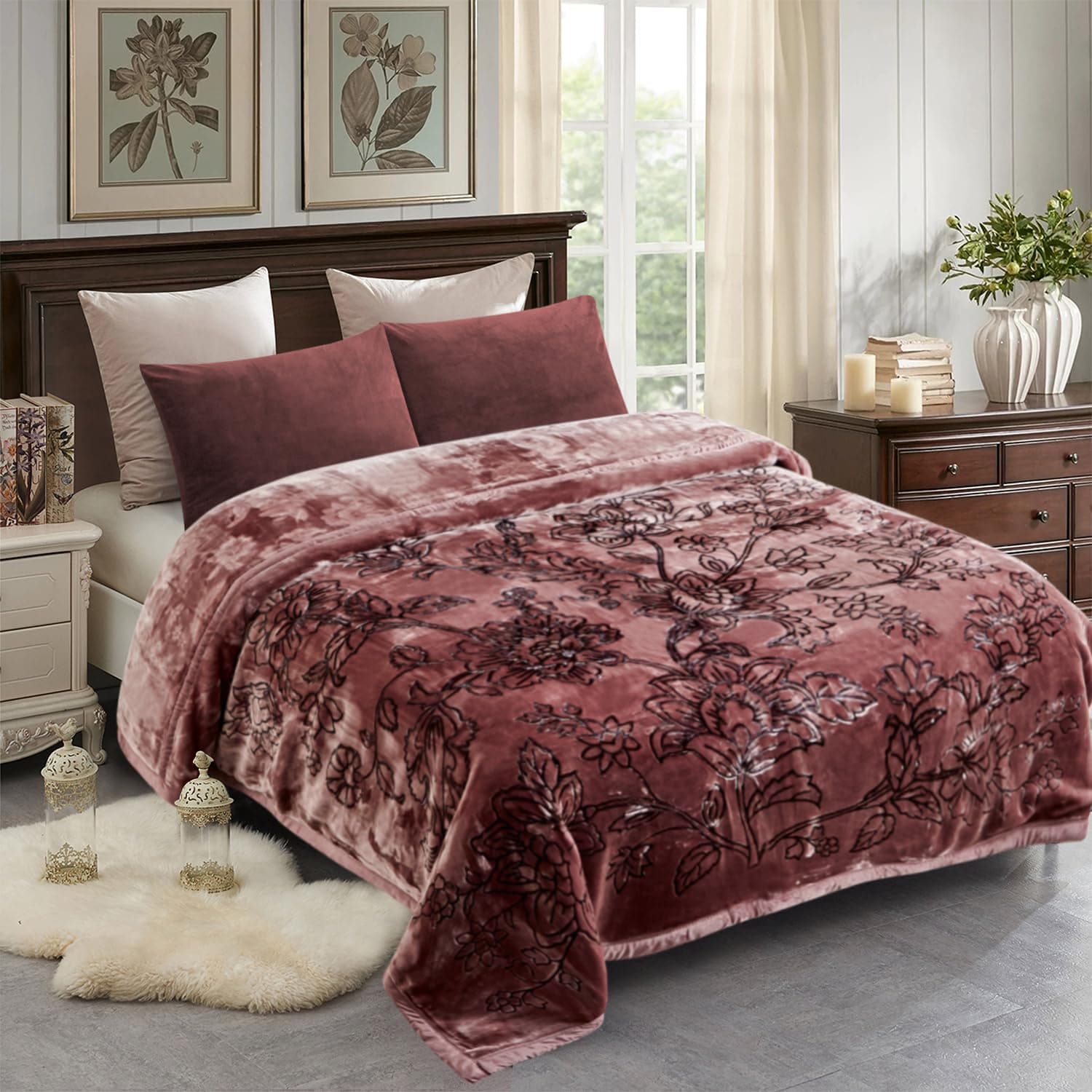 JML Korean Style Mink Blanket Heavy King Size 87" x 94", 10.5 Pounds Plush Fleece Blankets for Winter- Silky Soft and Warm, 2 Ply A&B Printed Embossed Raschel Bed Blanket (Floral Woodrose)