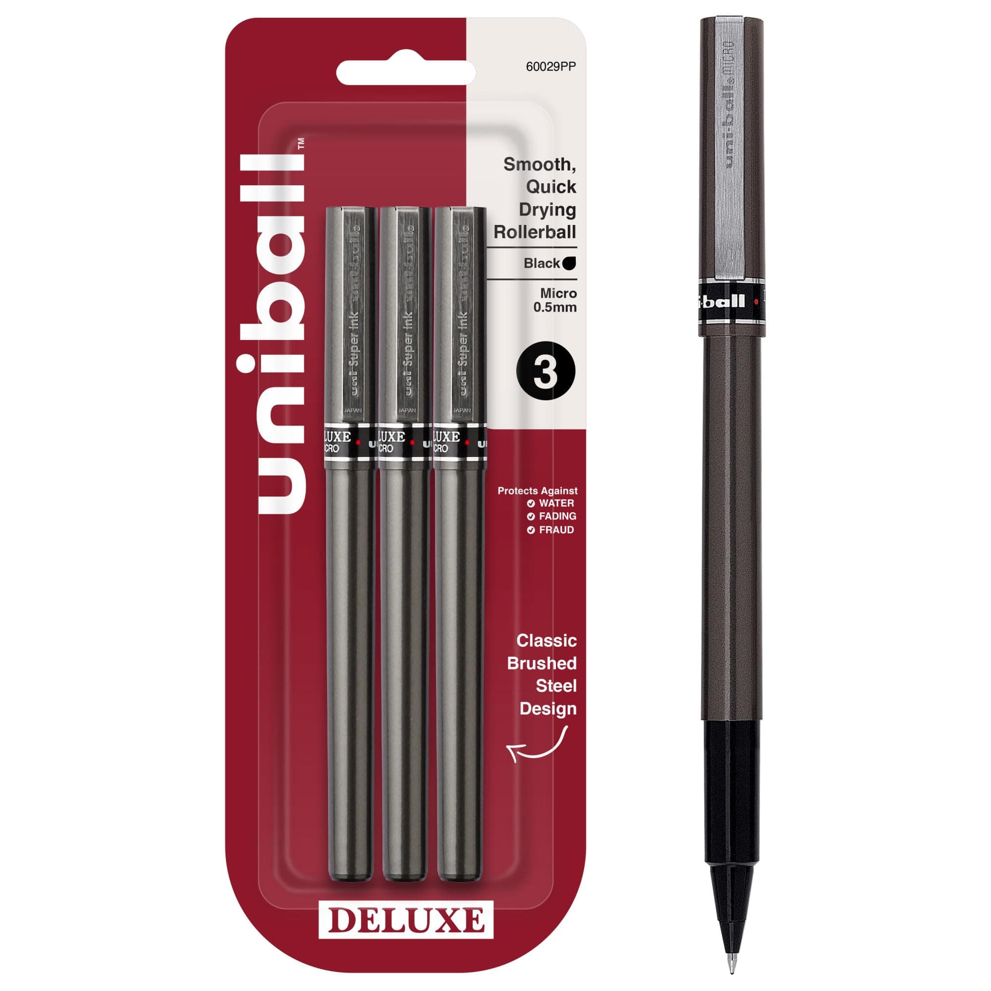 Uniball Deluxe, Black Rollerball Pens - 0.5mm Micro Point, Pack of 3
