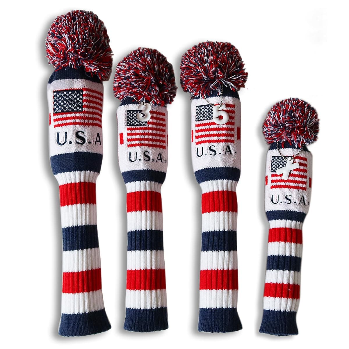 Craftsman Golf US Flag Knit Pom Pom White Blue Red Driver,Fairway Wood, Hybrid Head Cover Headcover for Callaway Mizuno Cobra Taylormade
