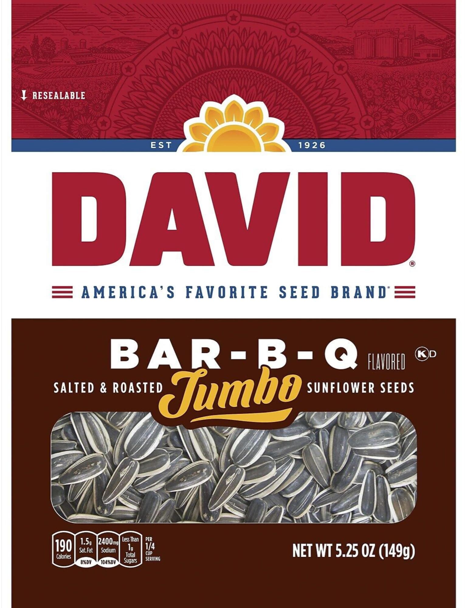 David BBQ Sunflower Seeds, 5.25 oz, (2 packs) Roasted and Salted
