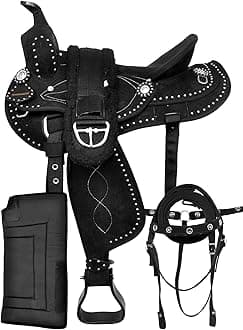 Classic Quality Western Synthetic Comfort Barrel Racing Trail Tack Equestrian Horse Saddle All Accessories Included (17.5 inches, Black)
