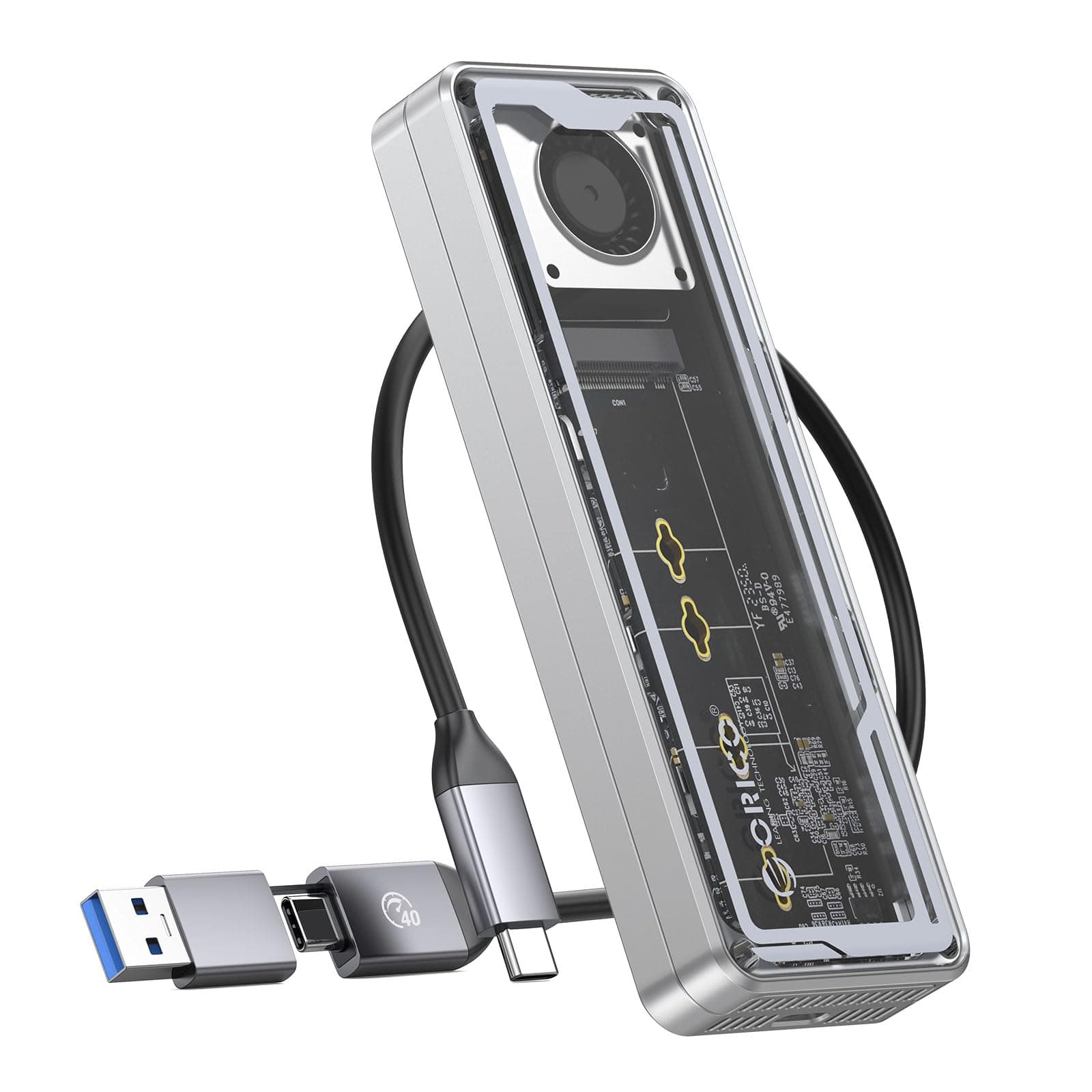 ORICO 40Gbps M.2 NVMe SSD Enclosure with Built-in Cooling Fan, Tool-Free Installation Aluminum NVMe Case, Support 2230 2242 2260 2280(M Key), Compatible with Thunderbolt 3/4 USB4/3.2/3.1/3.0/2.0