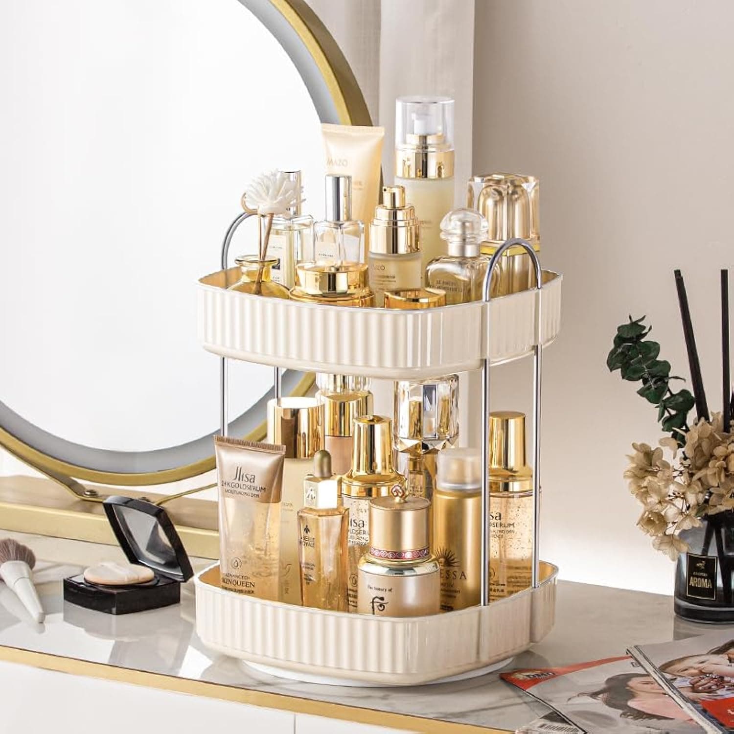 360° Rotating Makeup Organizer, Spinning Bathroom Organizer Countertop, Large Capacity Cosmetics Skincare Organizer for Bathroom Vanity Dresser Table (Cream, 2 Tiers)