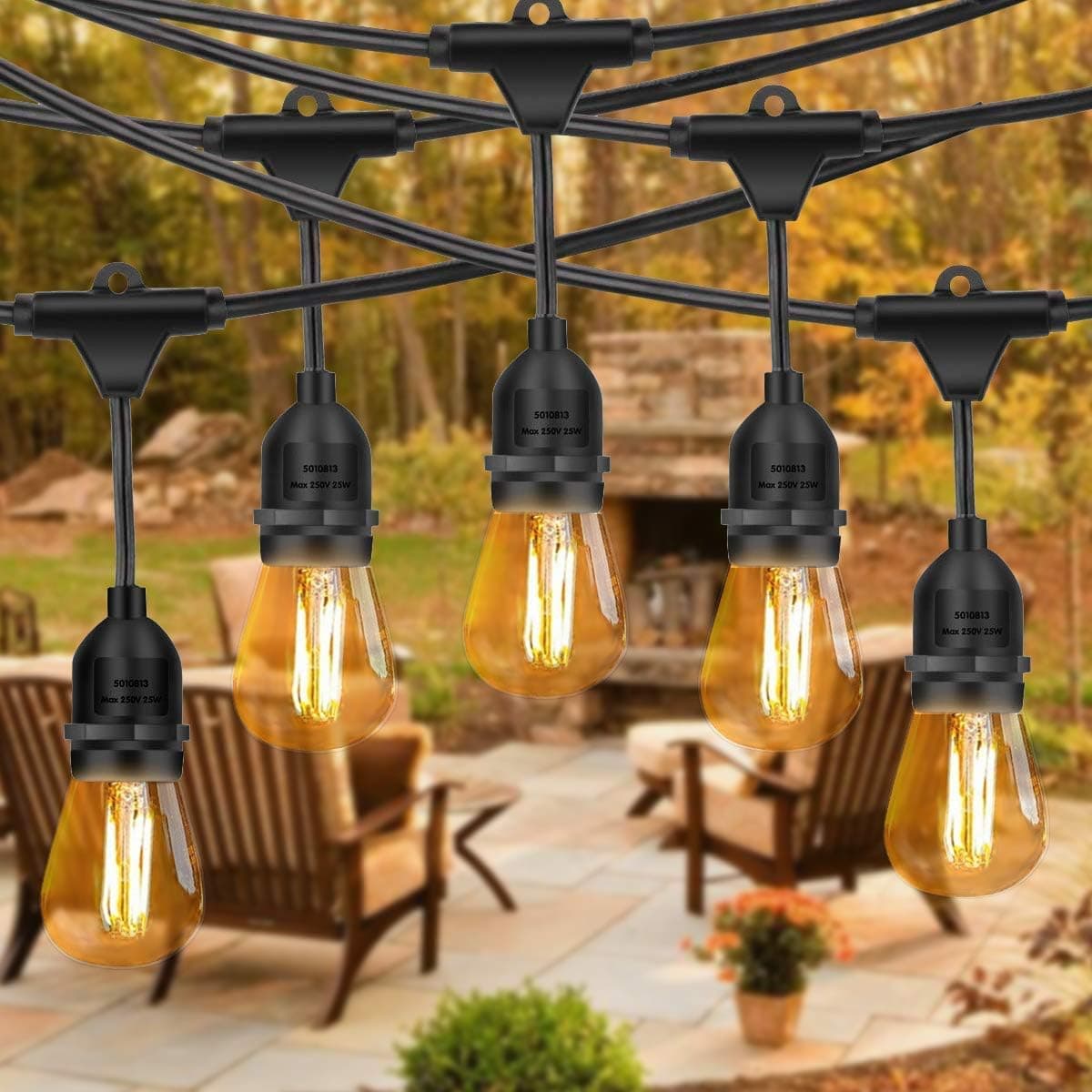 GordonChann Outdoor Dimmable LED String Lights with 48 Feet, 15 Hanging Sockets, UL Certified E492224, 2W Edison Bulbs and Weatherproof Heavy-Duty String Lamps for Patio, Porch.
