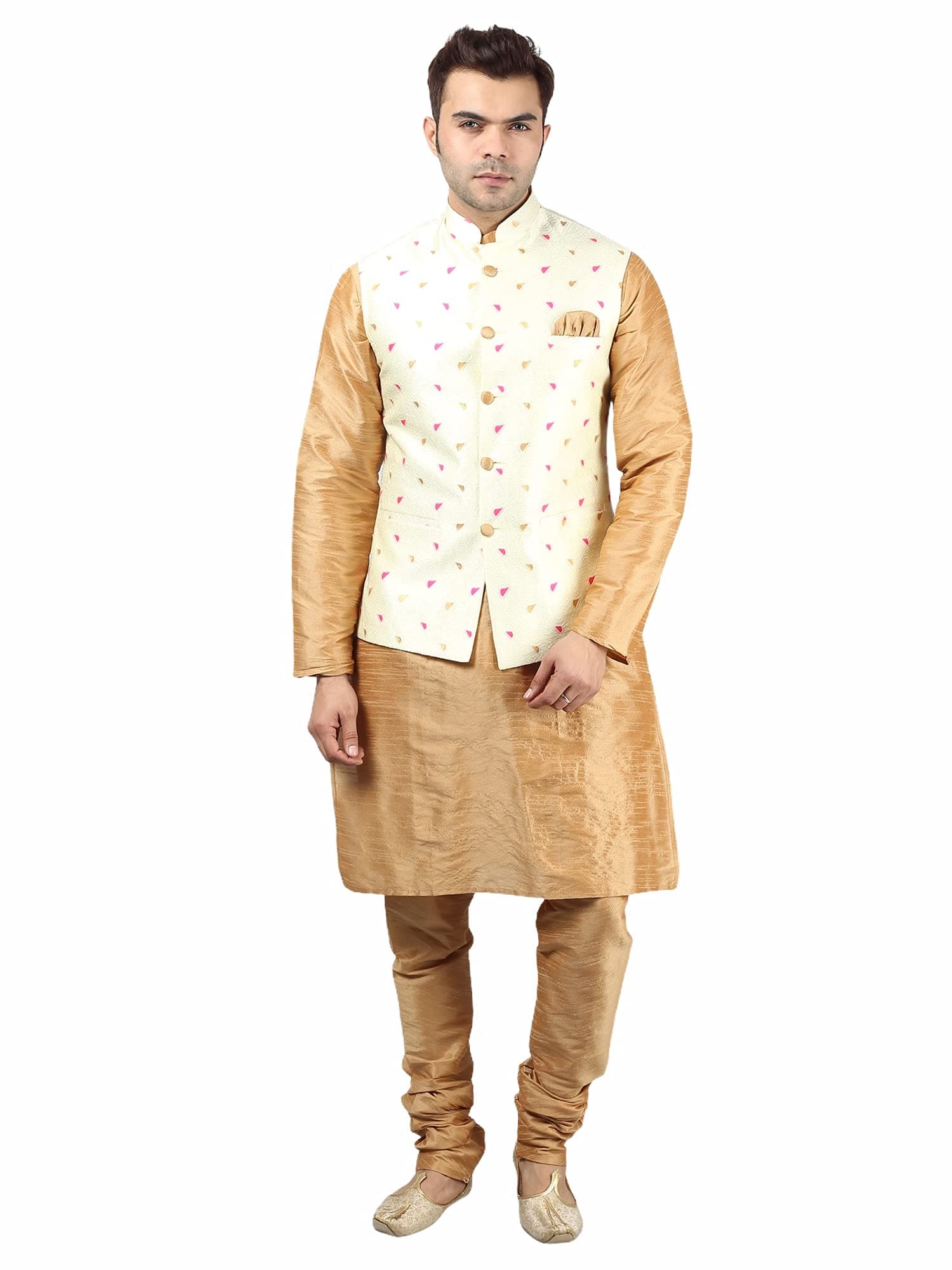 Uri and MacKenzie Men's Silk Blend Regular Kurta Churidar Pyjama with Bundi Nehru Jacket/Waistcoat