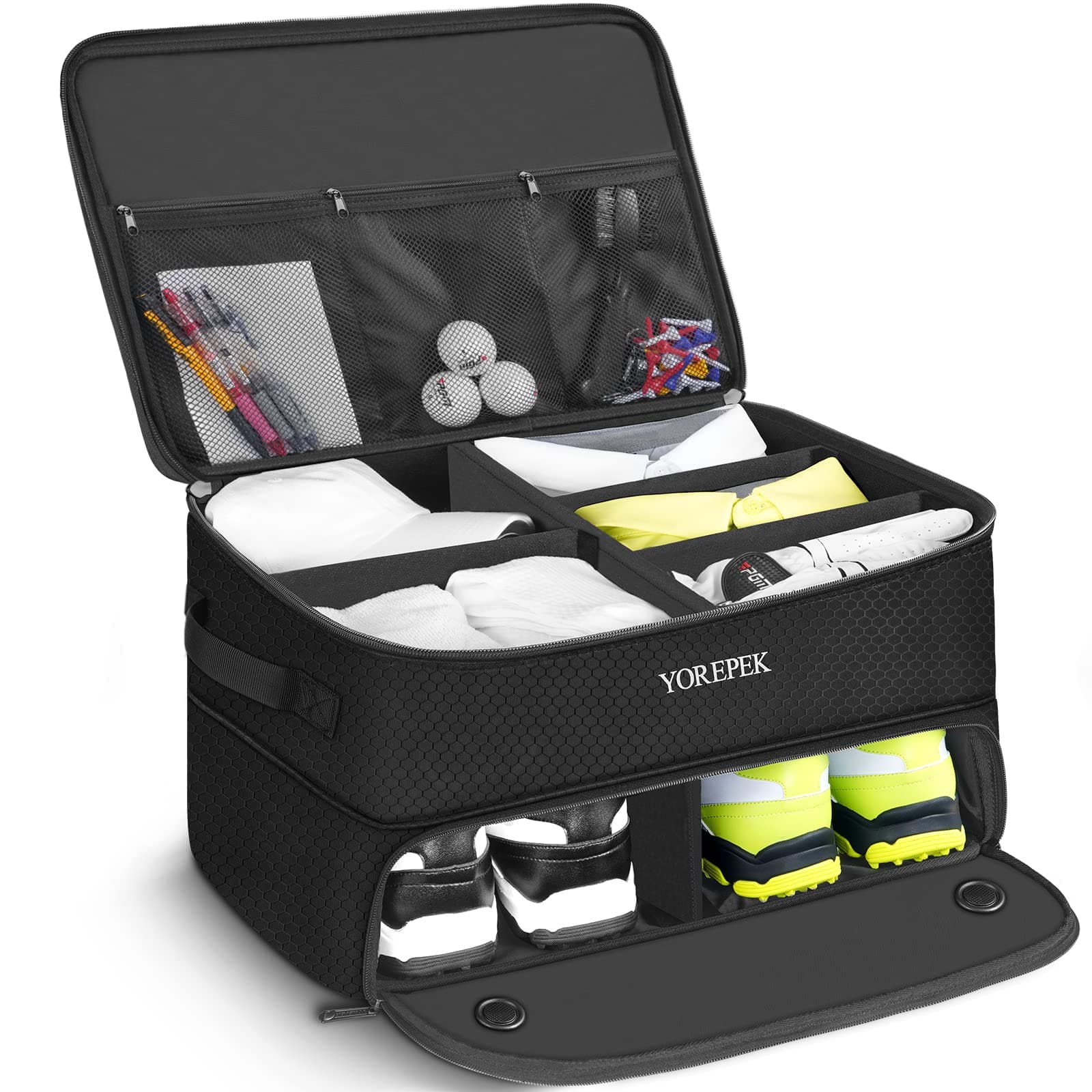 YOREPEK 2 Layer Golf Trunk Organizer, Golf Gifts for Men with Separate Ventilated Compartment for 2 Pair Shoes, Waterproof Car Trunk Locker for Balls, Tees, Clothes, Gloves, Gifts for Golfers
