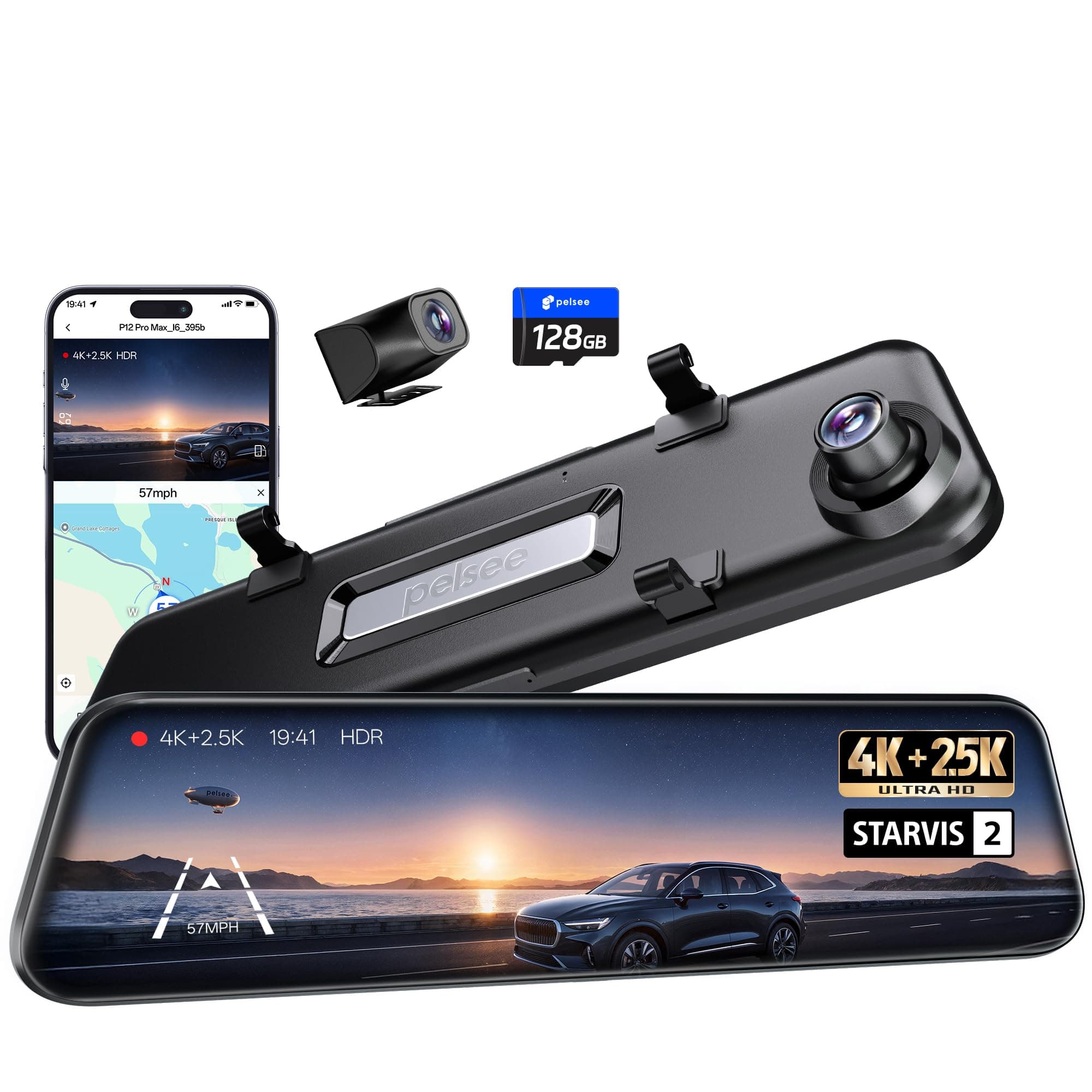 4K+2.5K Mirror Dash Cam with Front Starvis 2 IMX678 & Rear IMX335, 12" Rear View Mirror Camera, Color Night Vision, 5.8GHz WiFi, ADAS & BSD, Included OBD Hardwire Kit, 128GB Card, P12 Pro Max