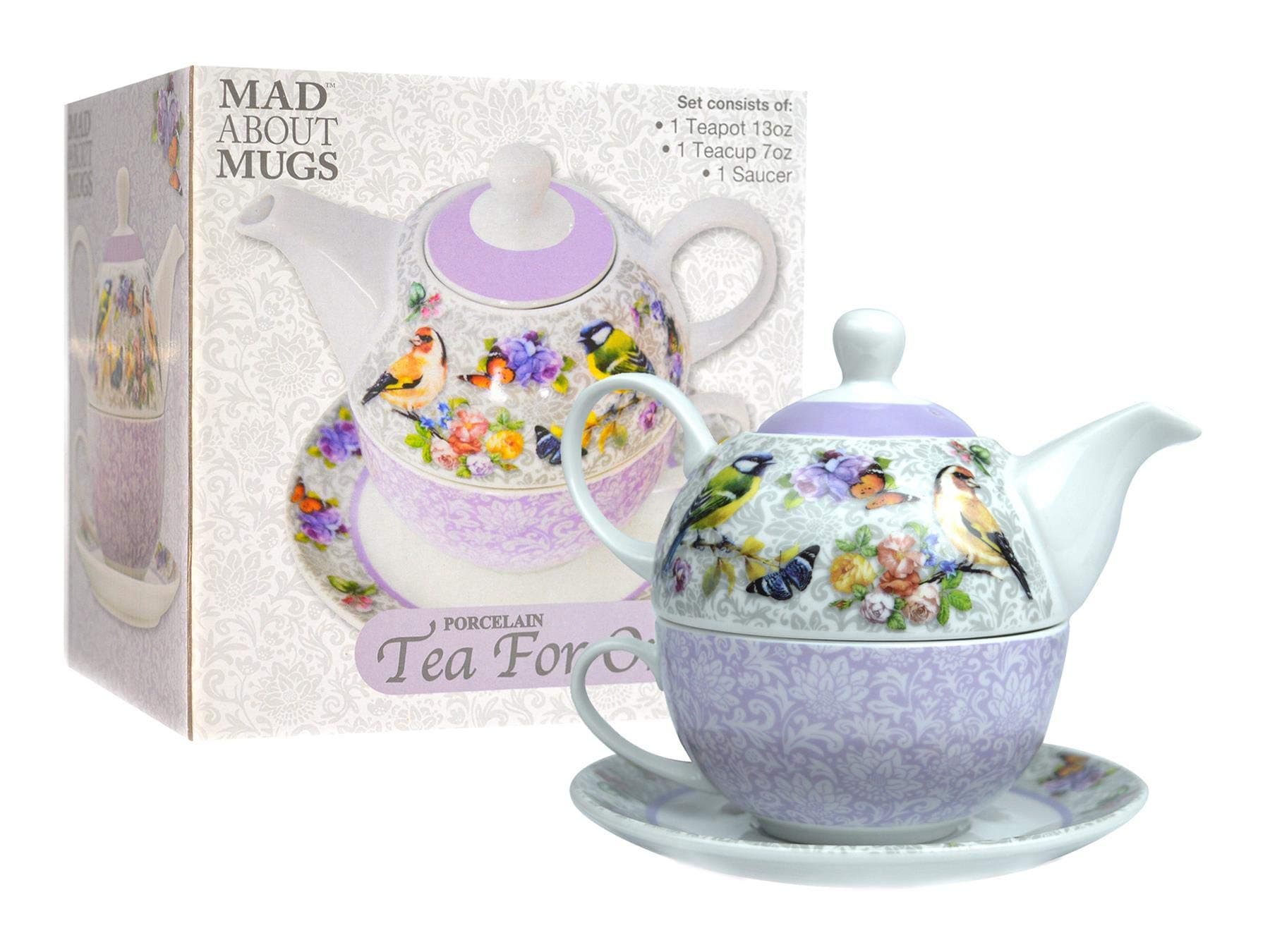 Mad About Mugs Tea For One Set Teapot Saucer Cup Tea Coffee Floral Birds Lilac White Porcelain