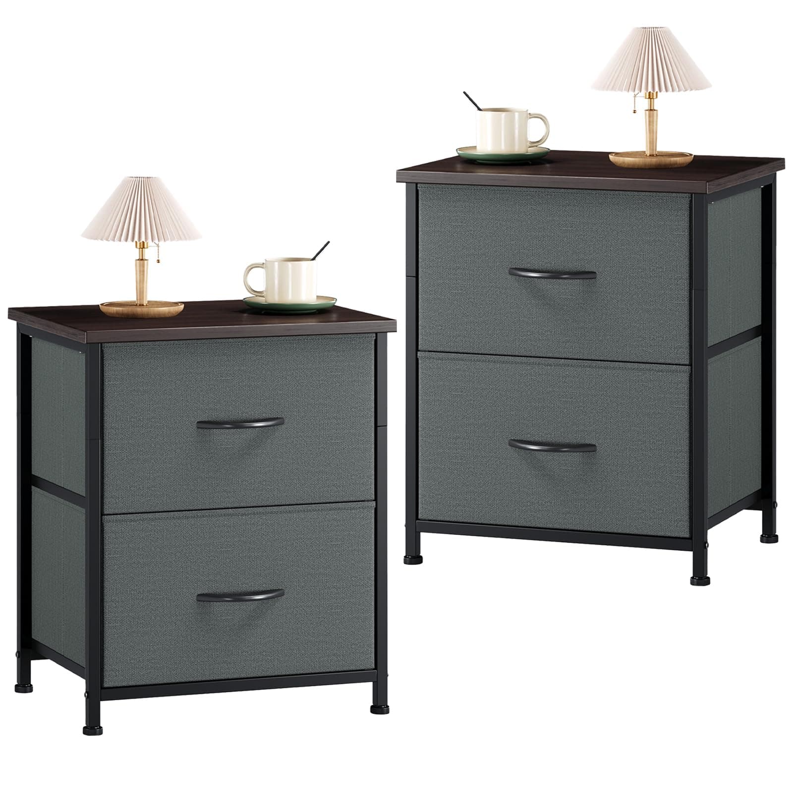Bedside Table Set of 2, Bedroom Bedside Cabinet with 2 Fabric Drawers, Nightstand Side Table for Kids Living Room Dorm, Charcoal Grey