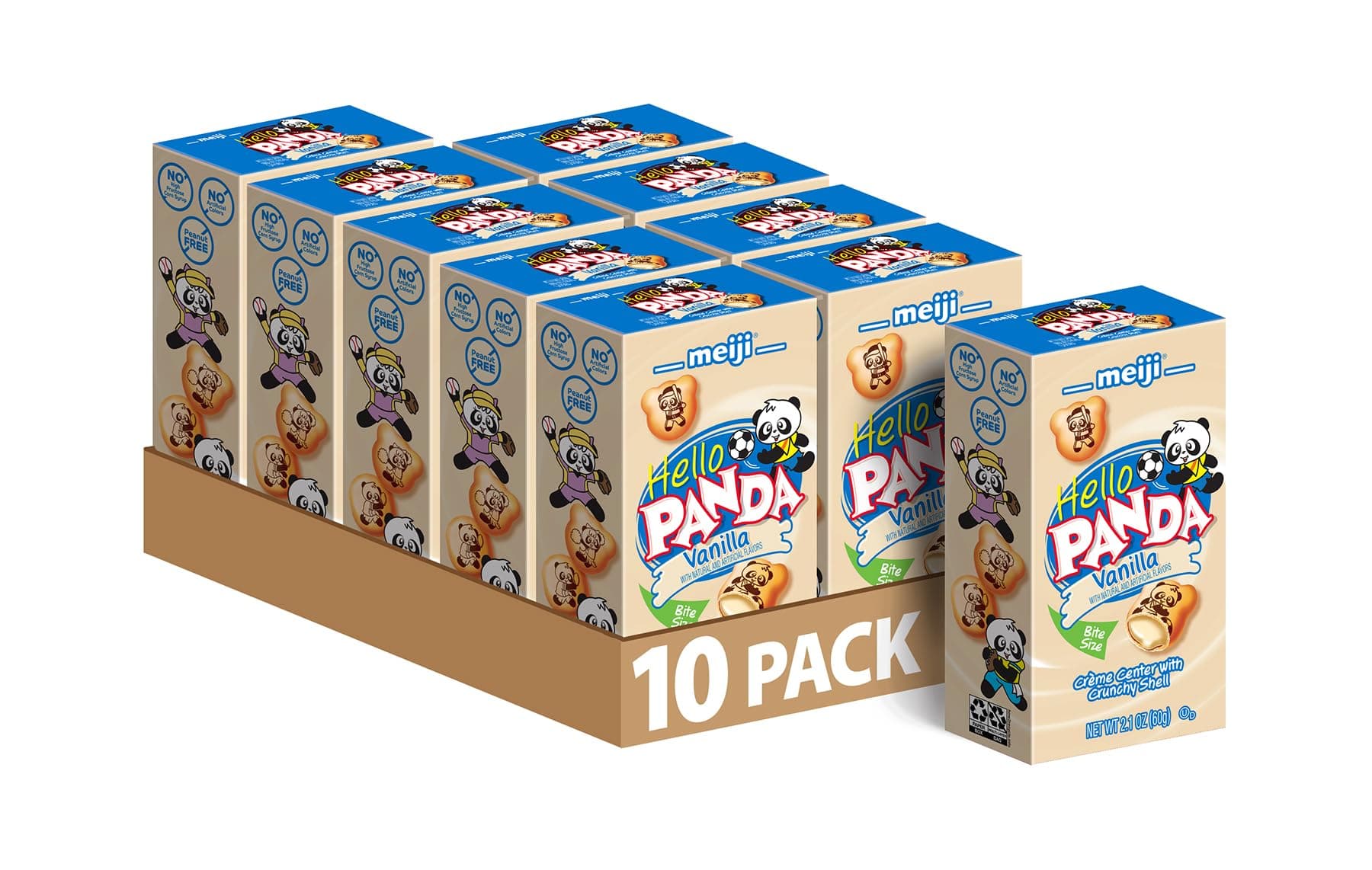 Hello Panda Cookies, Vanilla Crème Filled - 2.1 oz, Pack of 10 - Bite Sized Cookies with Fun Panda Sports