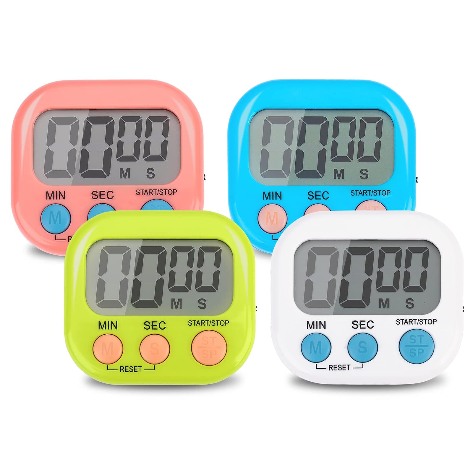 CHEMEILAI 4-Piece Multi-Function Electronic Timer, Suitable for Kitchen, Study, Work, Exercise Training, Outdoor Activities (Blue, White, Green, Pink)