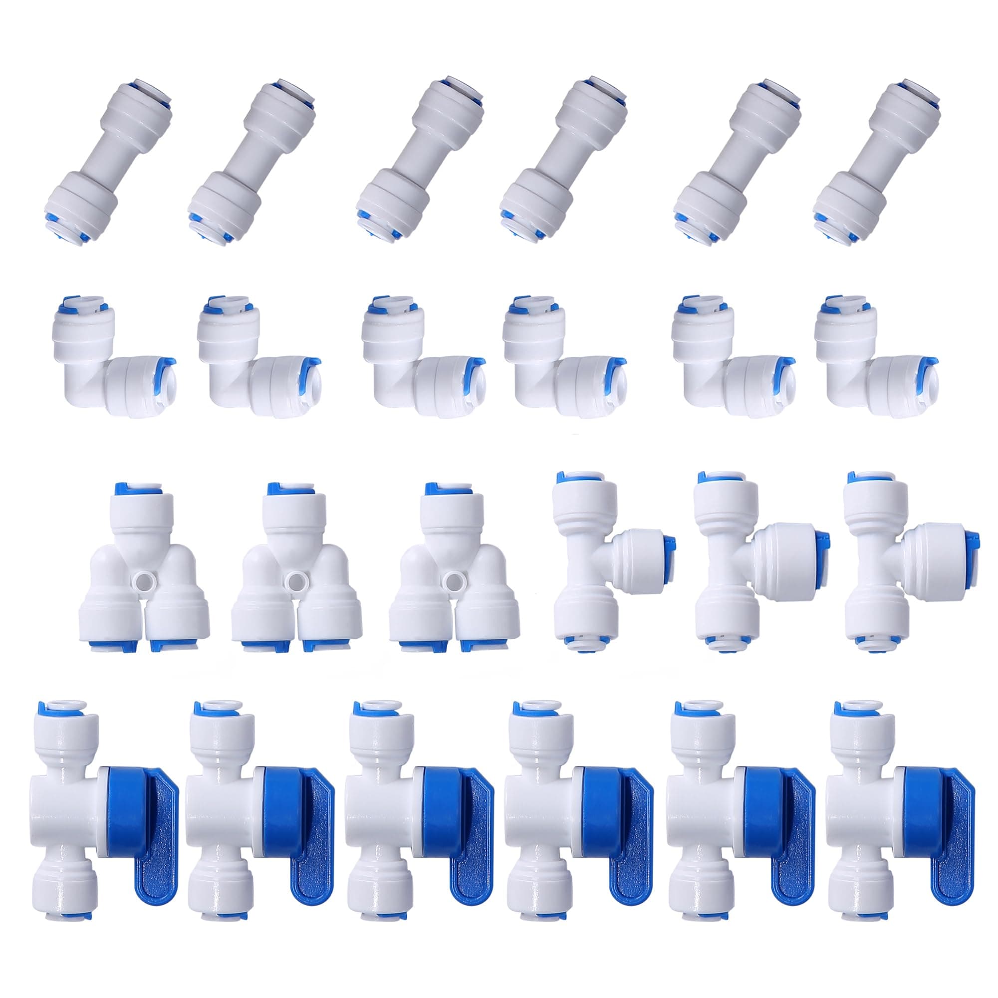 1/4" OD Quick Connect Push in to Connect Water Tube Fitting for RO Reverse Osmosis Water Filter(Ball Valve + T + I + L + Y, 24 Pack),White