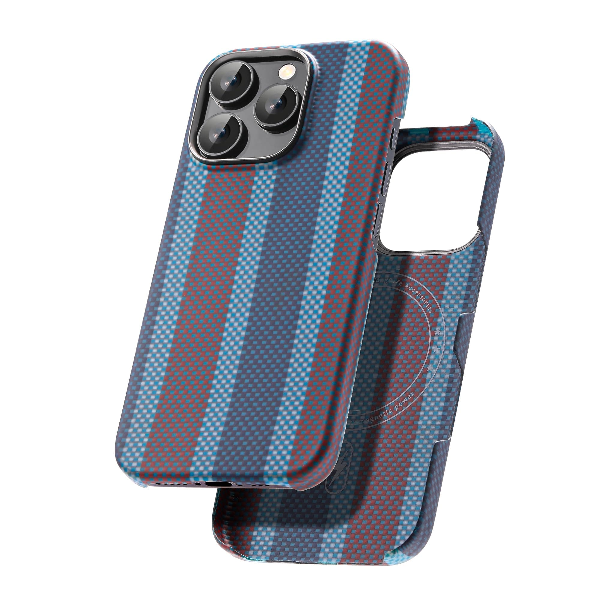 Aramid Fiber Case for iPhone 16 Pro, Compatible with Magnet, Slim & Light, Case-Less Touch Feeling, Red-Blue Stripes