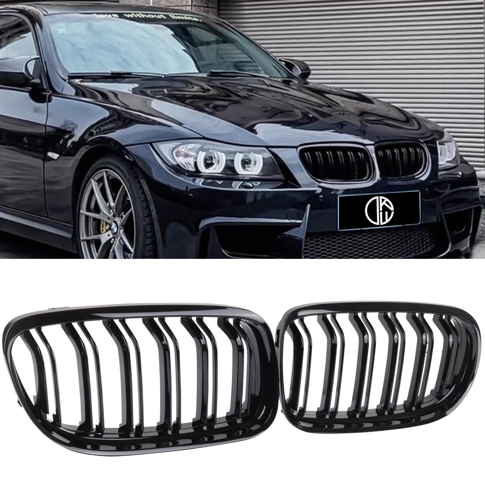 E90 Grille, Front Kidney Grill Compatible with BMW 3 Series 2009-2011 E90 E91 (Double Slats Gloss Black Grills, 2pcs)