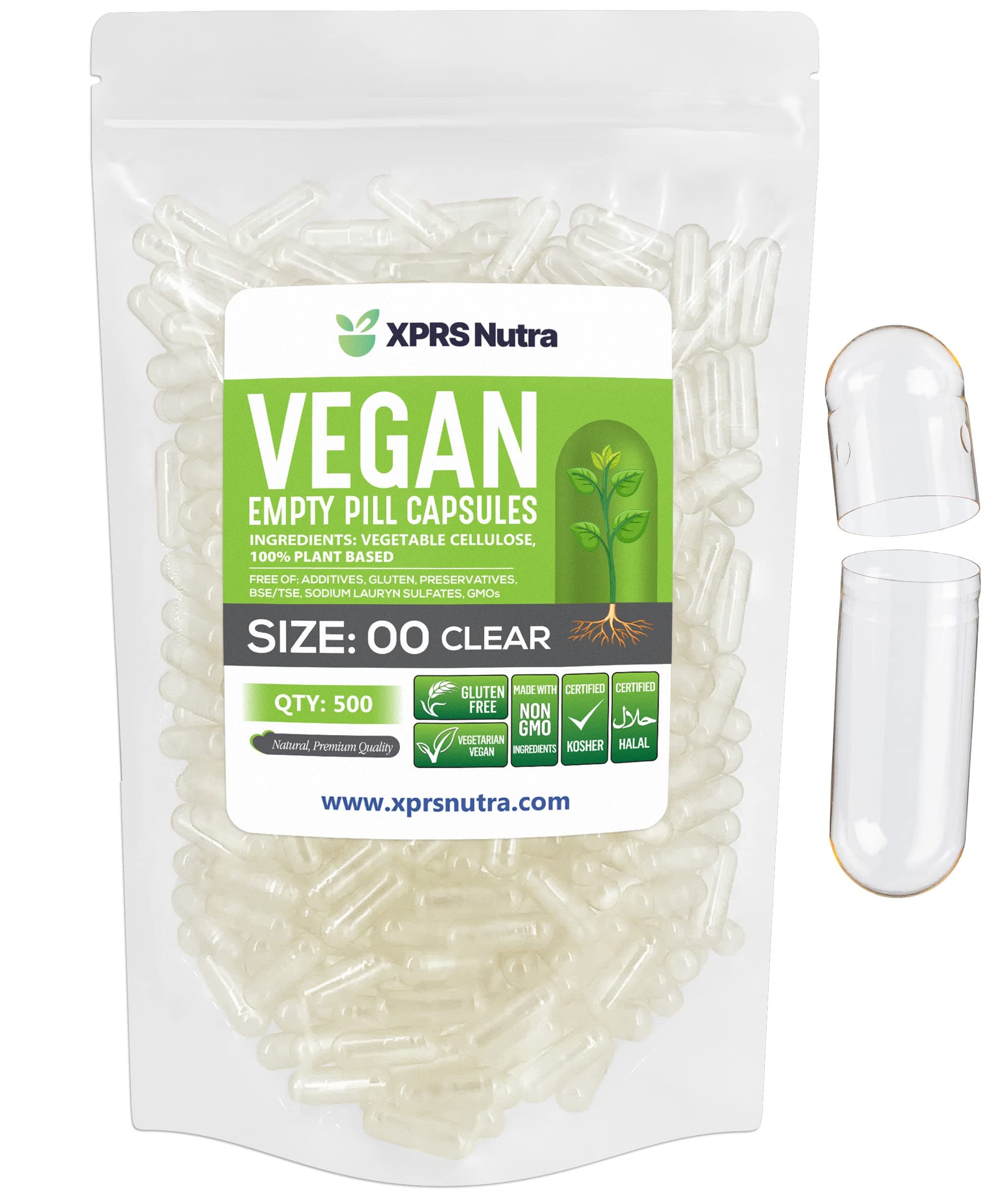 Size 00 Empty Capsules - 500 Count Clear Empty Vegan Capsules - Vegetarian Empty Pills - DIY Vegetable Capsule Filling- Veggie Pill Caps