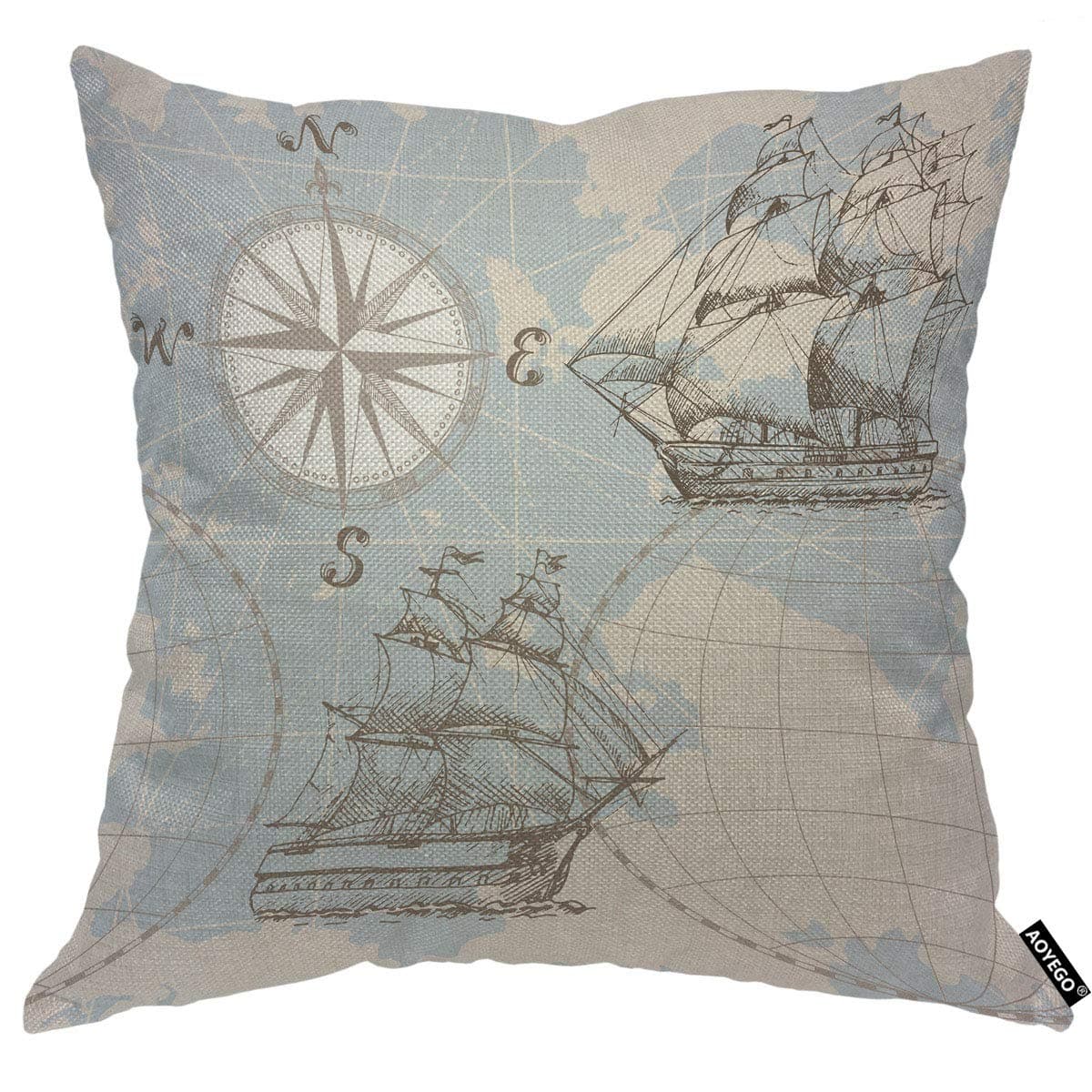 AOYEGO Sea Map Throw Pillow Cover World Compass Sailing Ship Sailboat Travel History Journey Ocean Pillow Case 18x18 Inch Decorative Men Women Room Cushion Cover for Home Couch Bed