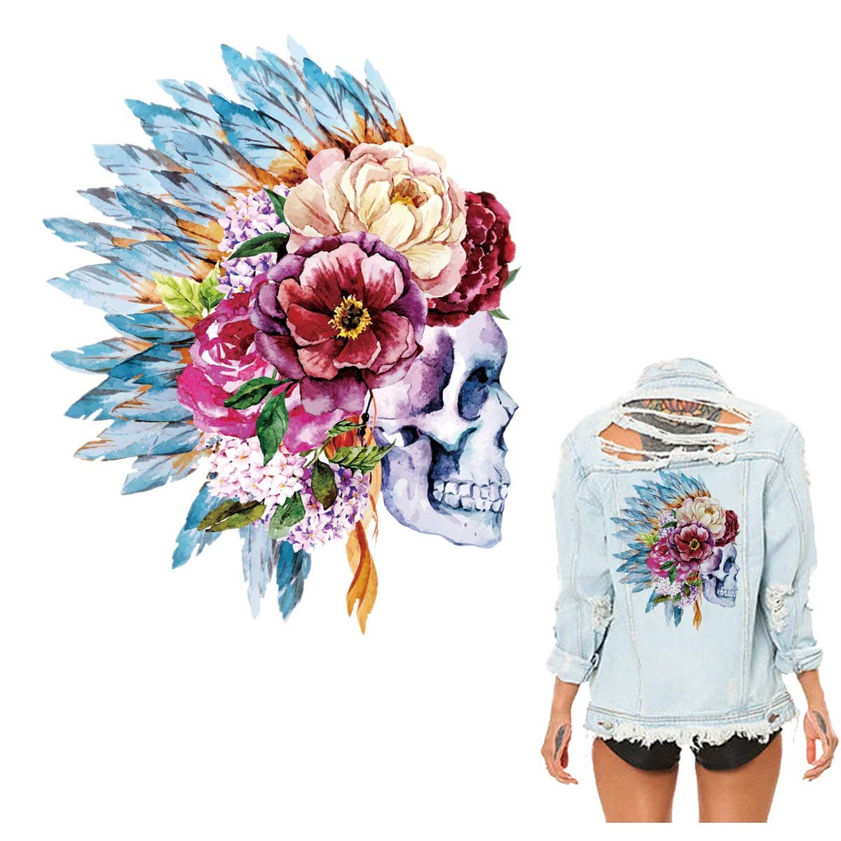 BFY Skull Patch with Feather Red Rose Flower Iron on Patches Indian Style Applique Patches Embroidered Patches for Jackets Iron on Band Patches