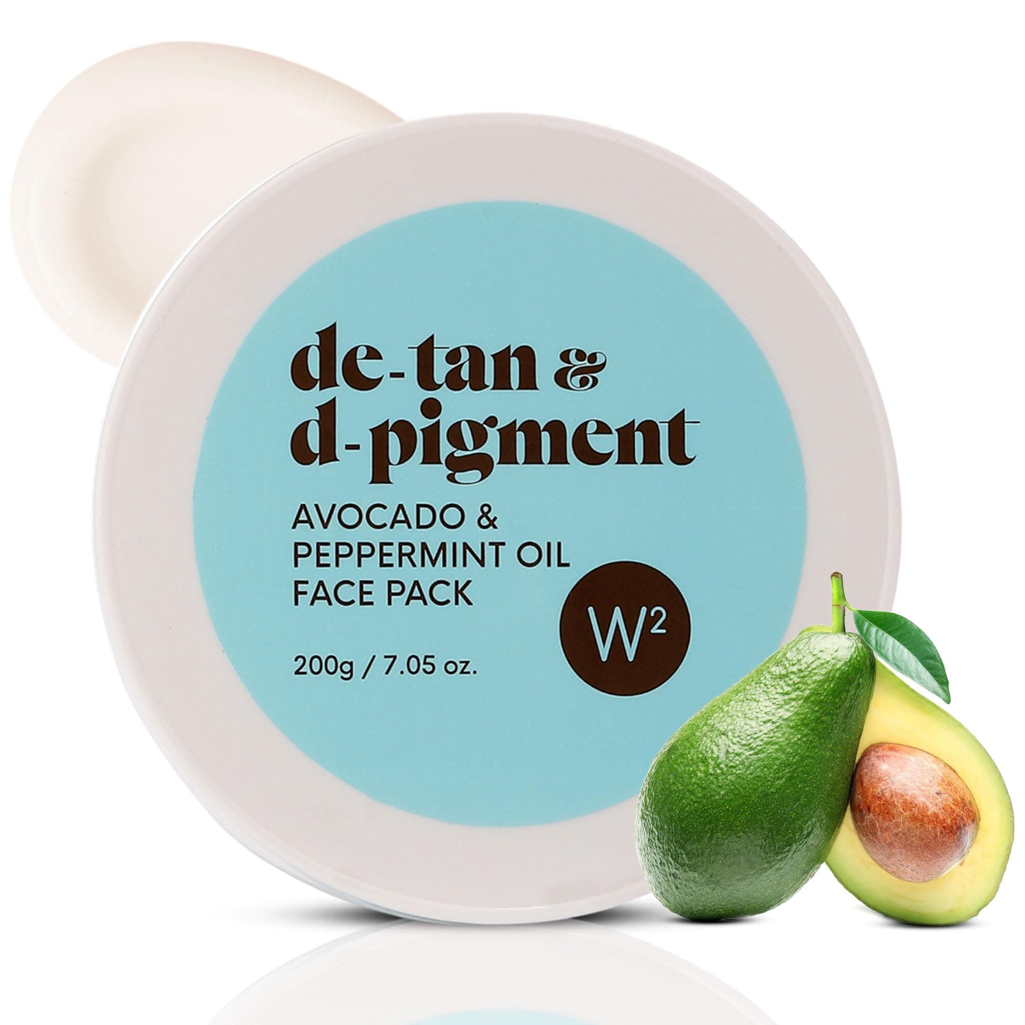 W2 De-Tan & De-Pigment Face Pack | Avocado & Peppermint Oil | Instant Tan Removal, Brightening & Cooling | Unisex Skincare| Paraben Free, 200g