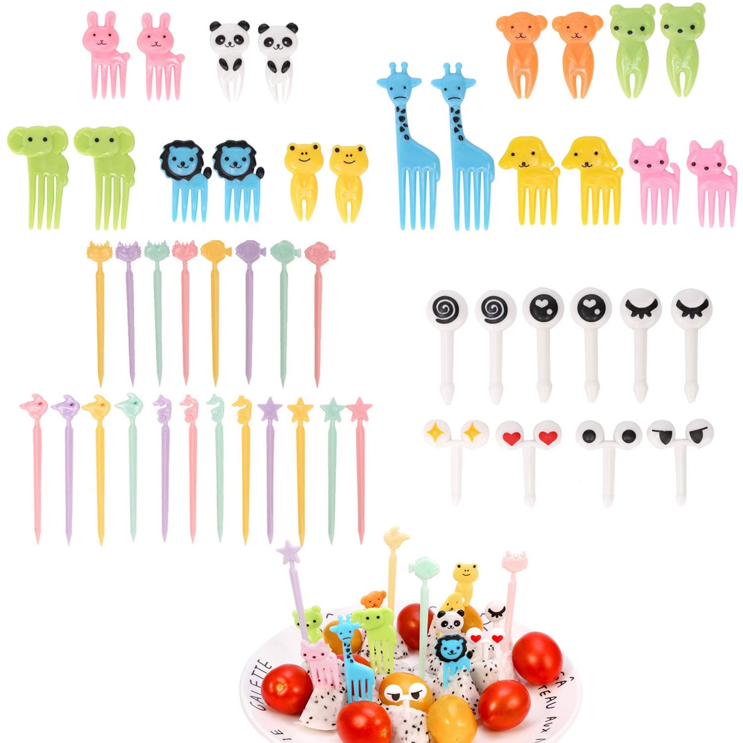 stbeyond 50pcs Fun Food Fruit Picks Forks Bento Lunch Box Decor Bento Lunch Decorative -20pcs Animal Mini Cartoon Food Fruit Picks Forks +10pcs Cartoon eyes Picks +20pcs Sea Creature Fruit Picks Forks