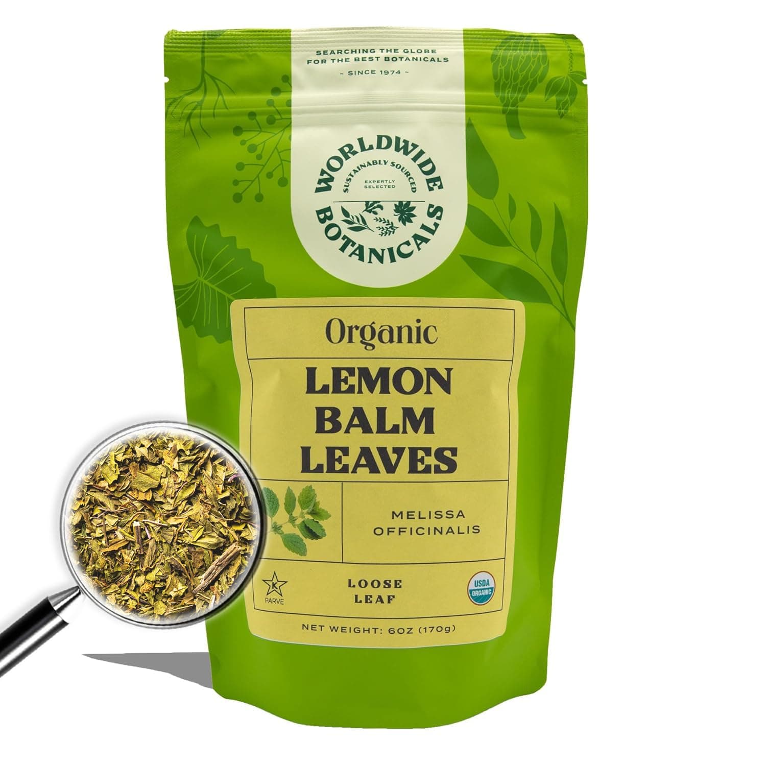 Worldwide Botanicals Organic Lemon Balm Tea - Loose Leaf Premium Herbal Tea | 100% Pure Lemon Balm Leaves | Calming Tea for Stress Relief and Good Digestion | Kosher, 6 Ounces