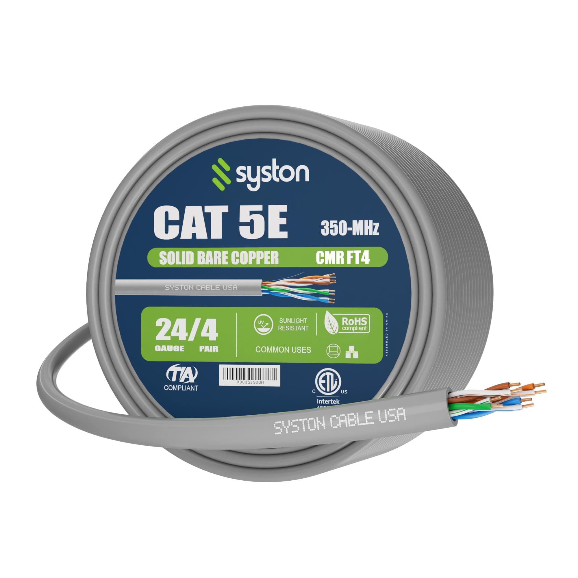 Syston Cable Technology Cat 5e Ethernet Internet Cable - 100 FT,350MHz 24AWG Solid Bare Copper Wire Outdoor/Indoor Suit, No Ends 10 Ft to 1000 Ft Available, Heat Resistant Riser Rated - CMR