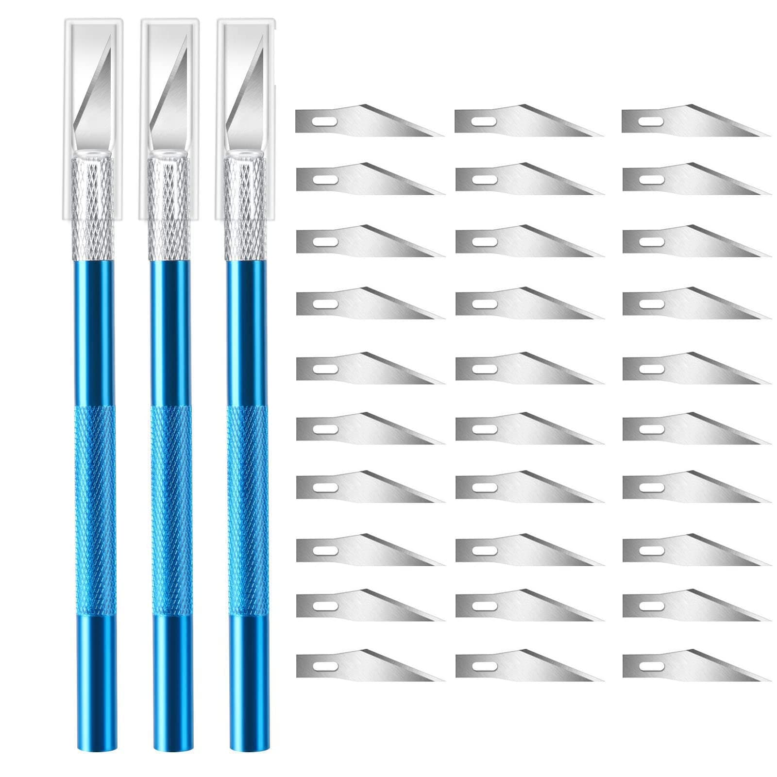 3PCS Craft Knife Hobby exacto Knife with 30 PCS Spare exacto Knife Blades Kit for DIY, Art, Cutting, Carving, Scrapbooking, Stencil(Blue)