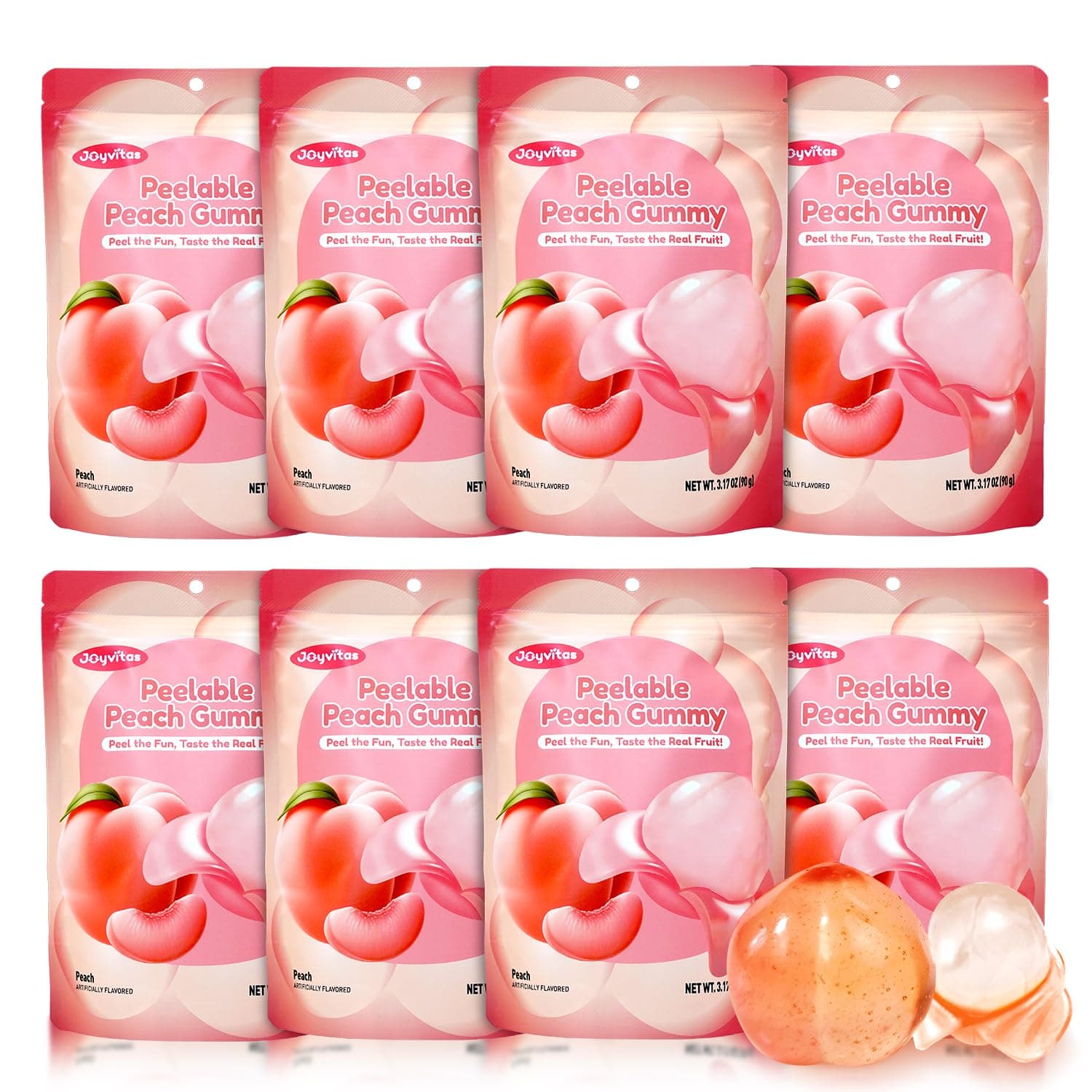 Christmas Peelable Gummy Peach Candy – Individually Wrapped Tropical Peeling Gummies Variety Pack, Low Sugar & Low Calorie, Perfect Stocking Stuffers & Christmas Gifts, Resealable Snacks (Pack of 8, 25.4oz, Peach)