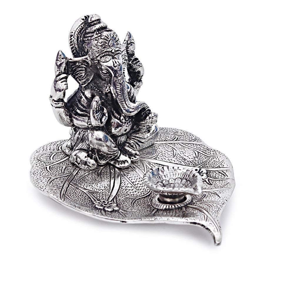 Starvist Silver Plated Leaf Ganesh God Idol Murti with Beautiful Velvet Box Packing for Diwali Gift Items and Wedding Gift Items