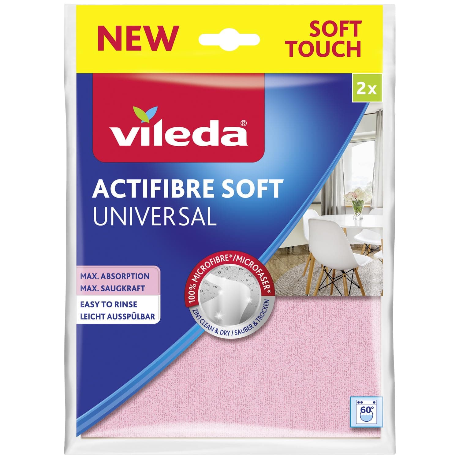 Actifibre Soft Universal Microfibre Cloth, 100% Microfibre Cleaning Cloth for Streak Free Results, High Absorbency, for All Smooth Surfaces, Pink and Grey, Pack of 2