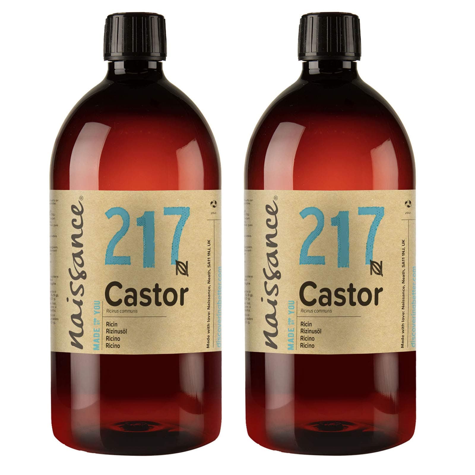 Naissance Cold Pressed Castor Oil (no. 217) 2 Litres (2 x 1l) - 100% Pure For Eyelashes, Hair, Eyebrows, Beard Growth - Moisturiser For Nails and Skin – Oil for Massage - Vegan, Hexane Free, No GMO