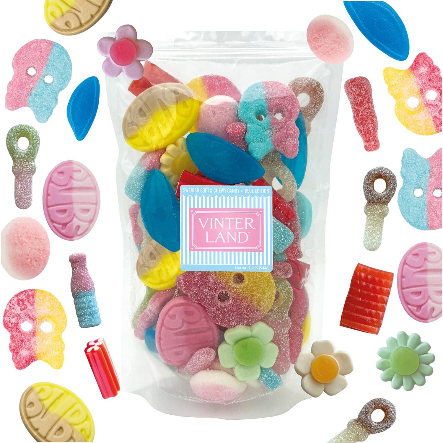 VINTERLAND - Bubs Swedish Candy Mix (1.2 Pounds) - Assorted Swedish Candy Bubs Godis - Big Bubs Ovals & Big Swedish Candy Skulls - Raspberry Shots, Strawberry Dreams, and more - Blue-2 Edition