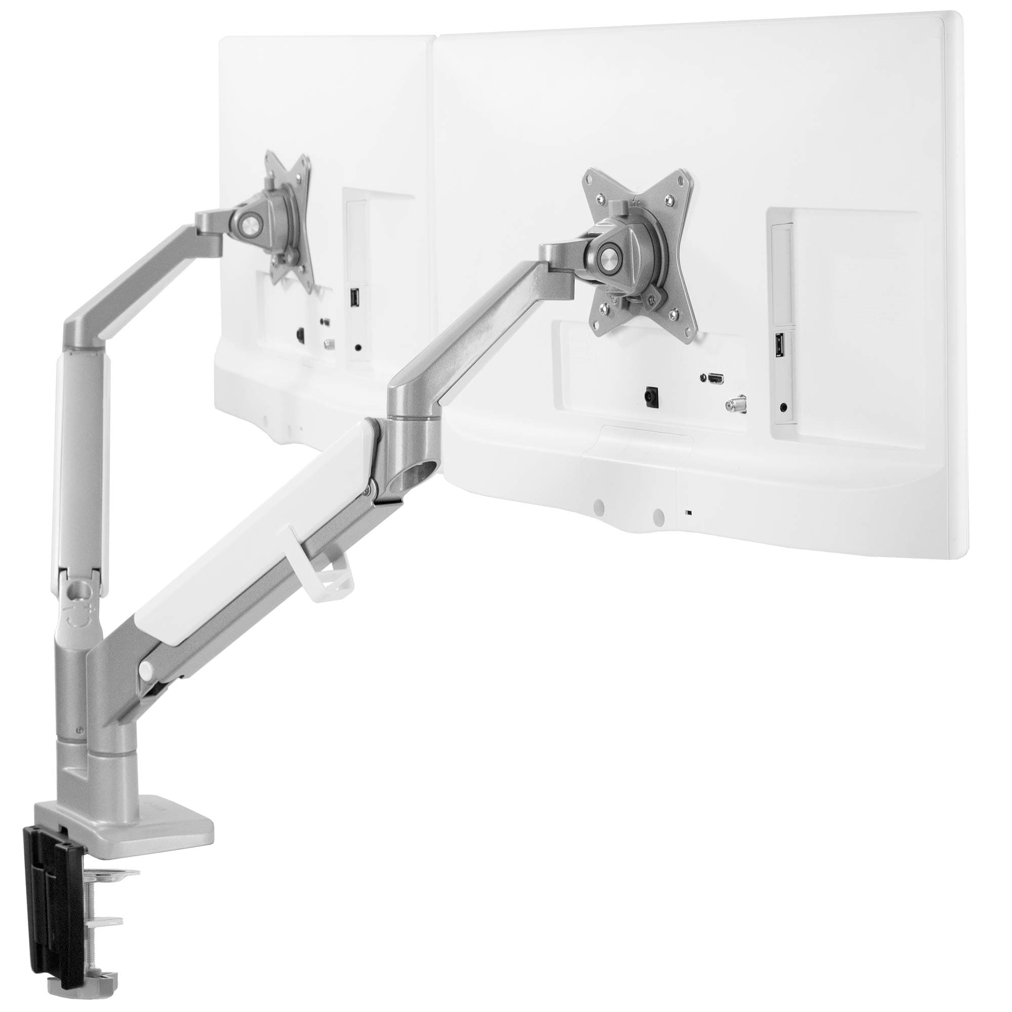 VIVO Space Saving Dual 17 to 32 inch Pneumatic Spring Arms, Aluminum Clamp-on Desk Mount Stand, Fits 2 Monitor Screens with Max VESA 100x100, Silver, STAND-V200A