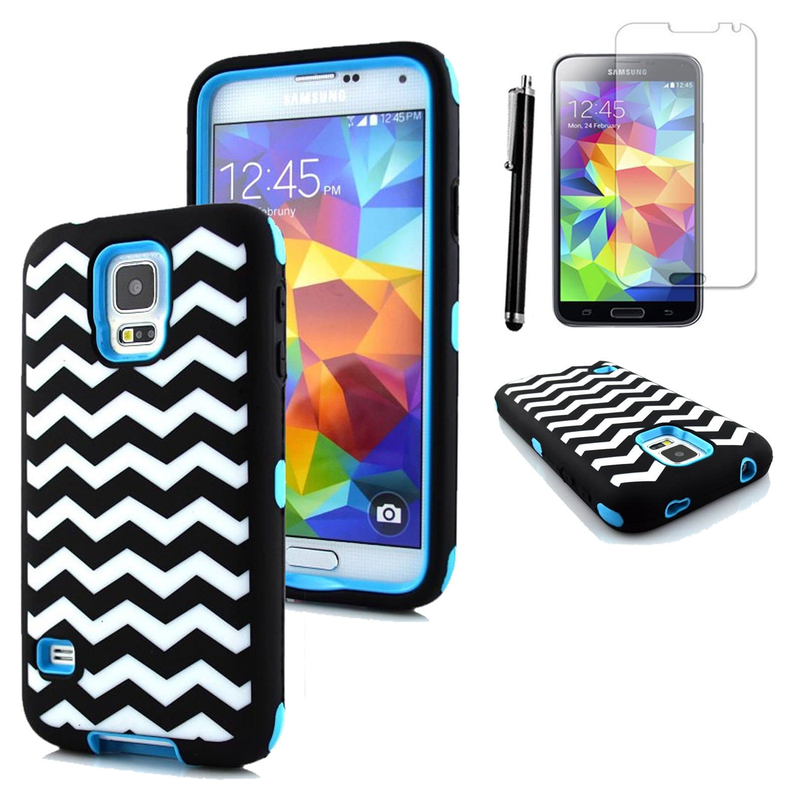 Ashield Deluxe Printed Hard Soft High Impact Hybrid Armor Defender Case Combo for Samsung Galaxy S5 with 1 Screen Protector, 1 Black Stylus and Ashield Logo on the Left Side (zig zag blue)