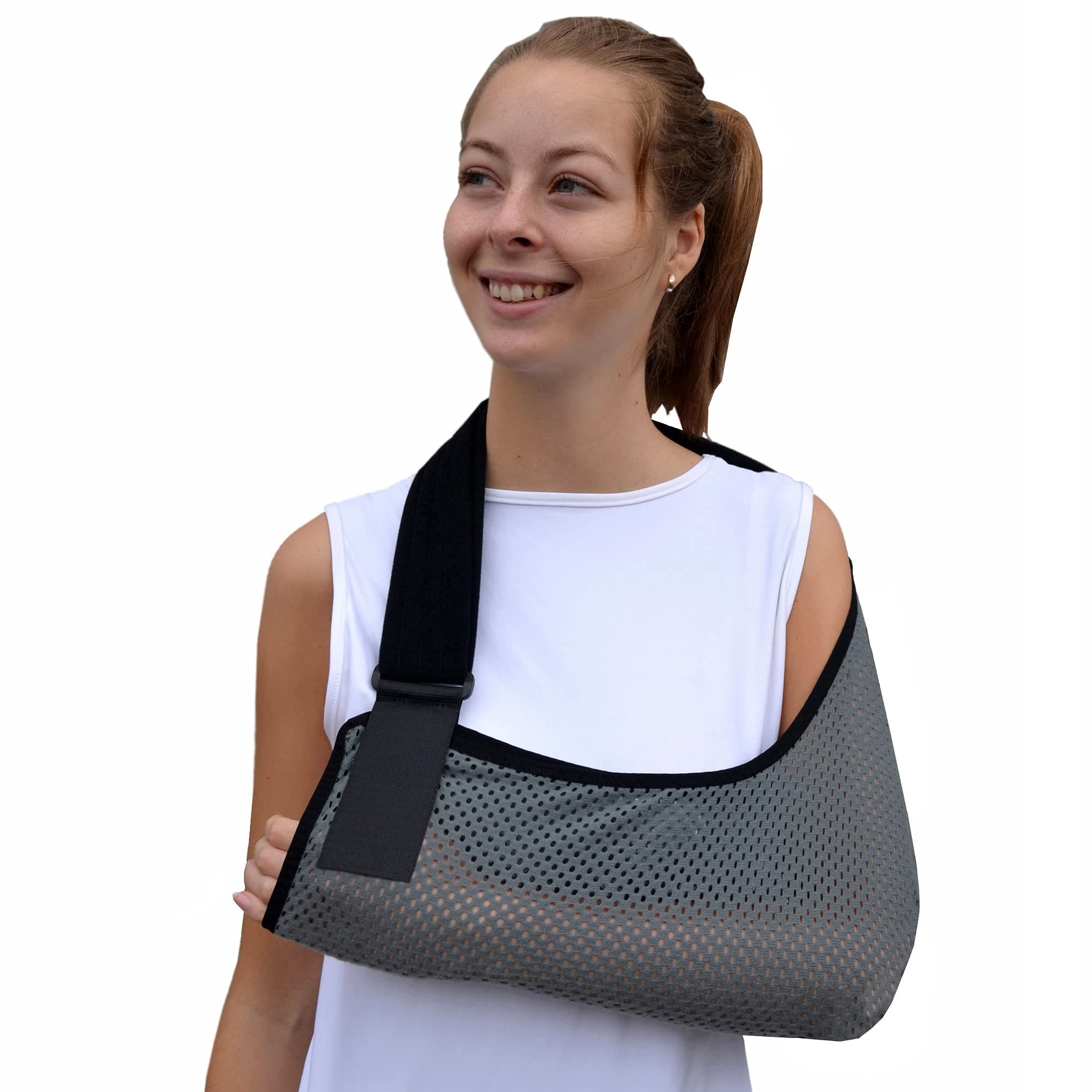 Adult ONE Size Arm Sling Shoulder Support (Grey/Black) Medically Approved, Cool, Easy Fit, Thumb Loop, Unisex.