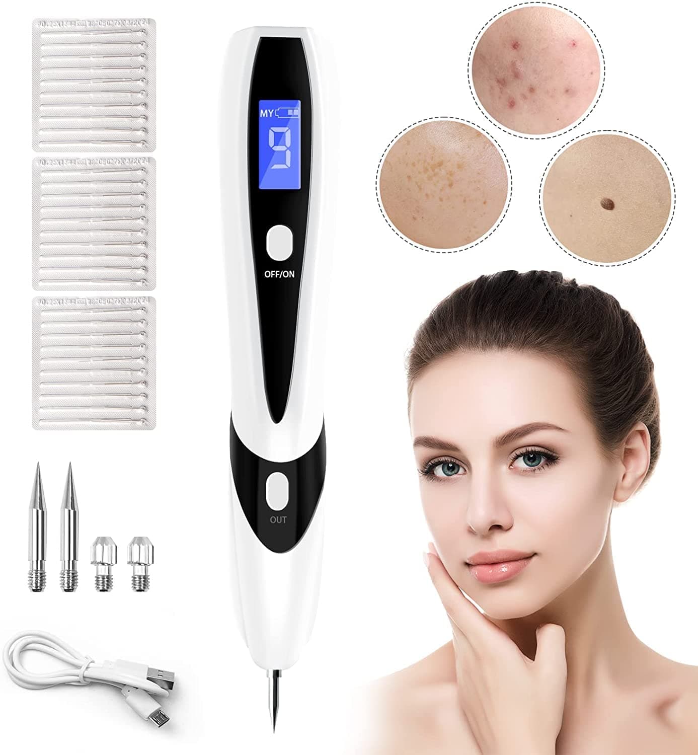 MAKINGTEC Skin Tag Remover, Skin Tag Removal Kit Tools with LCD Display 9 Adjustable Modes 30 Fine Needles USB Charging Home Usage for, Freckle, Warts, Dark Spot, Nevus Body Facial (white)