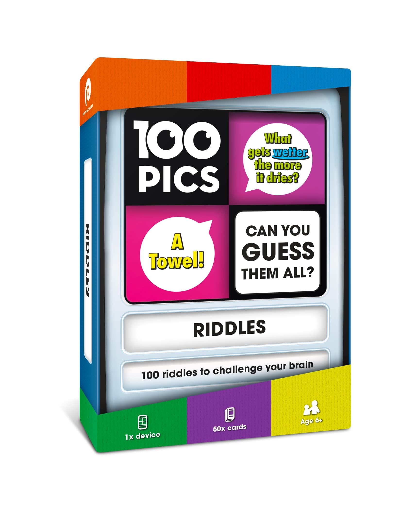 100 PICS Riddles Game - Guess 100 Riddles and Brain Teasers. 50 cards with picture and anagram clues. Game case with moving doors and answer revealer.